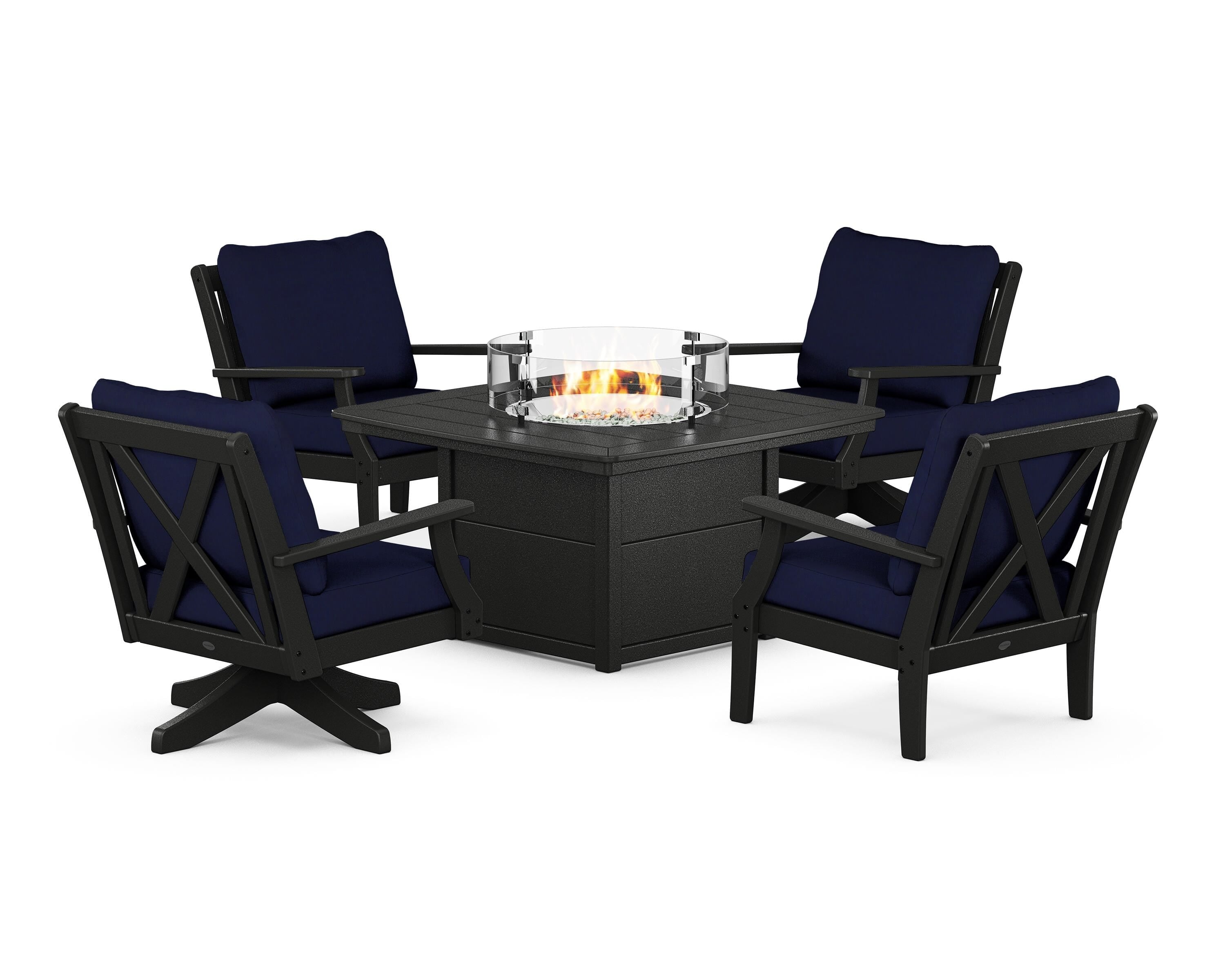 POLYWOOD Braxton 5-Piece Deep Seating Set with Fire Table in Black / Navy