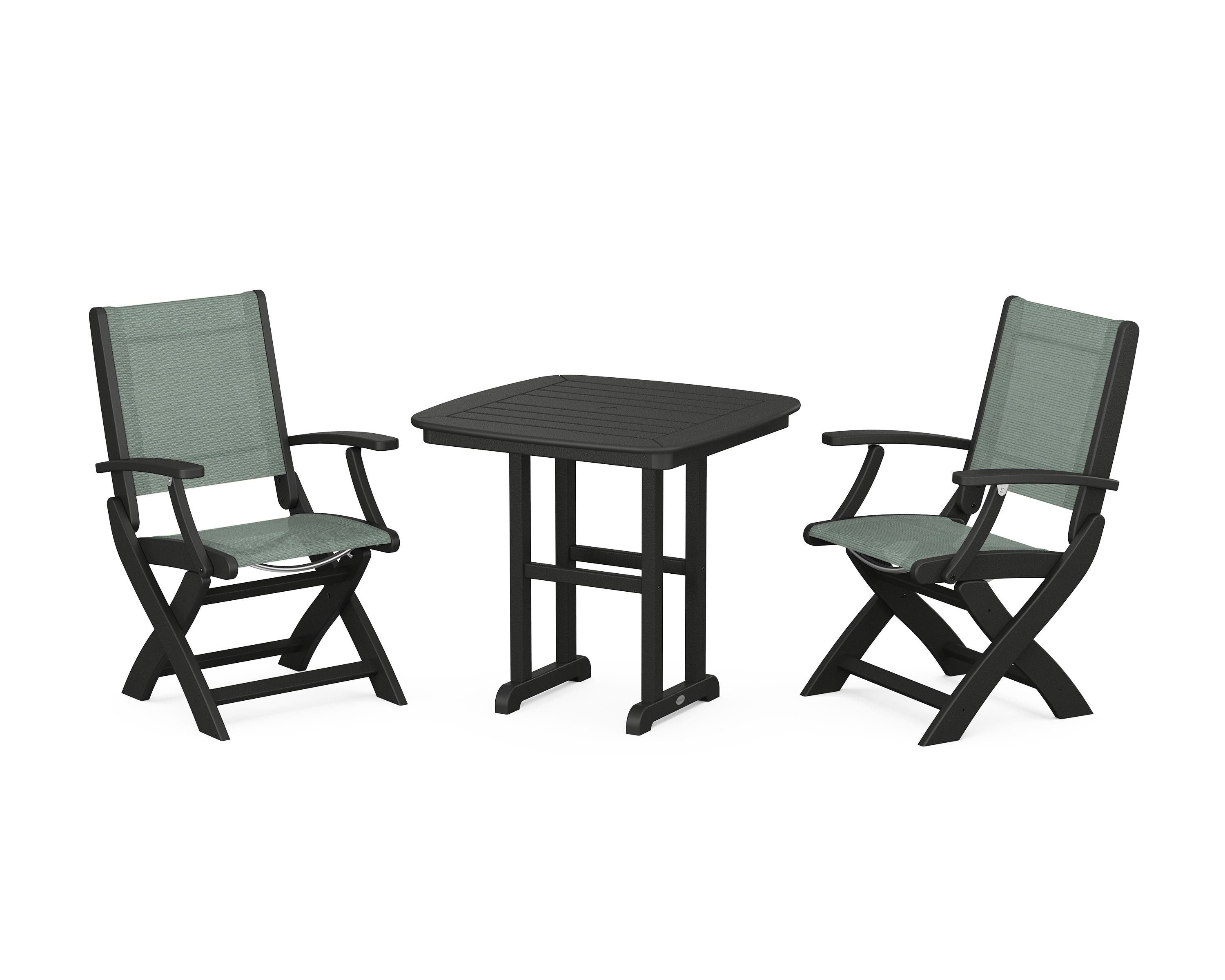 POLYWOOD Coastal Folding Chair 3-Piece Dining Set in Black / Dupioni Sea Mist Sling