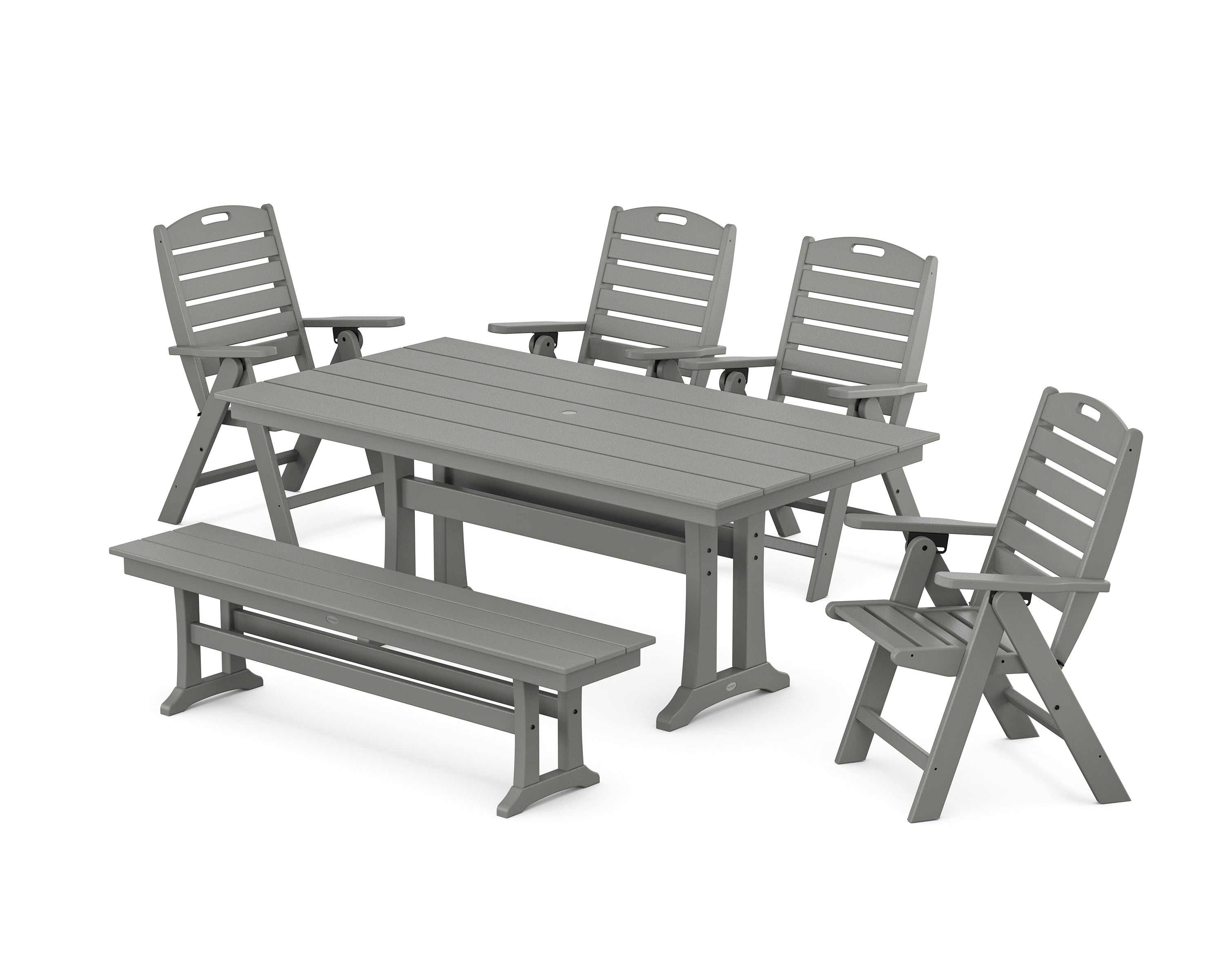 POLYWOOD Nautical Highback 6-Piece Farmhouse Dining Set with Trestle Legs and Bench in Slate Grey