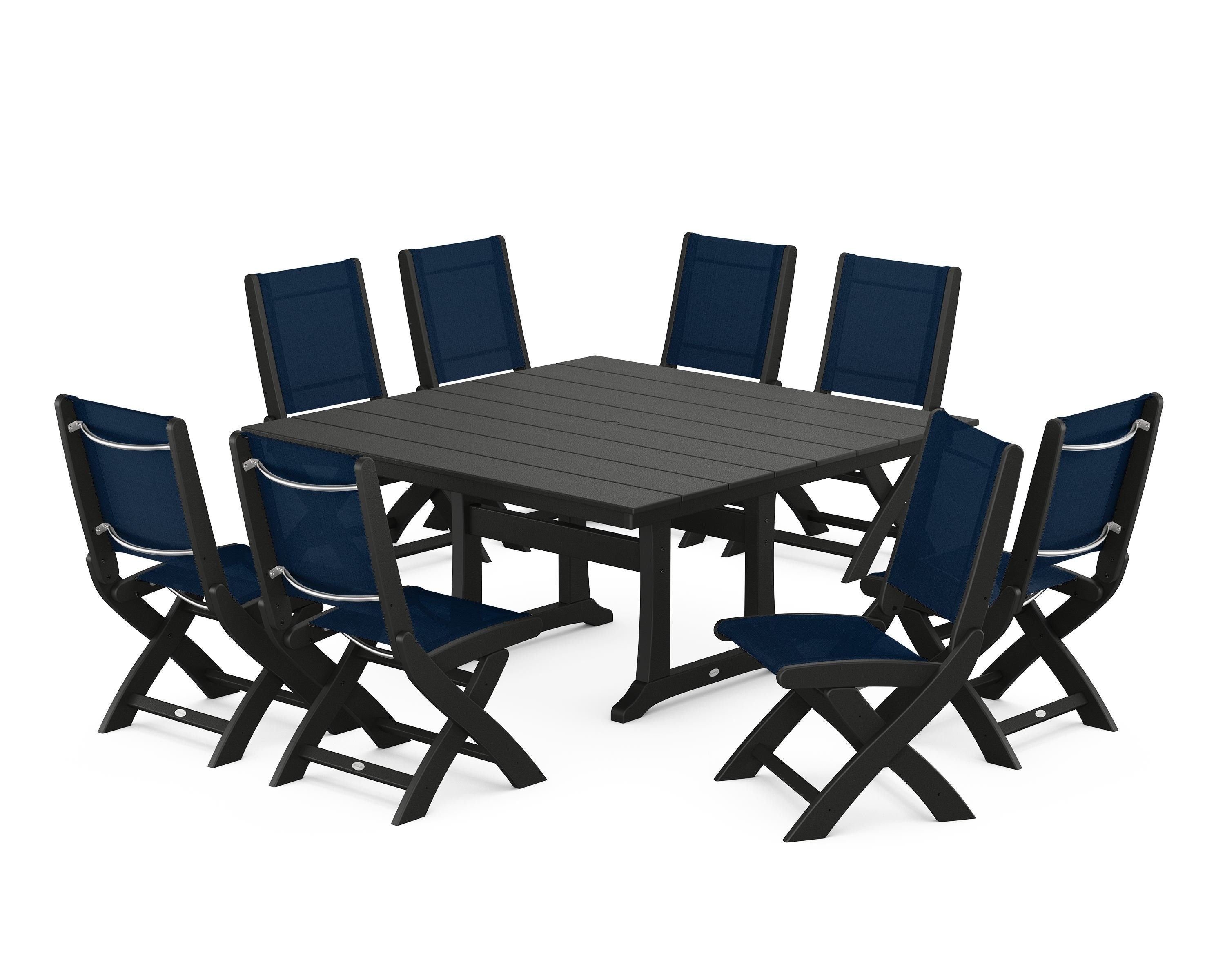 POLYWOOD Coastal Folding Side Chair 9-Piece Farmhouse Dining Set in Black / Navy Blue Sling