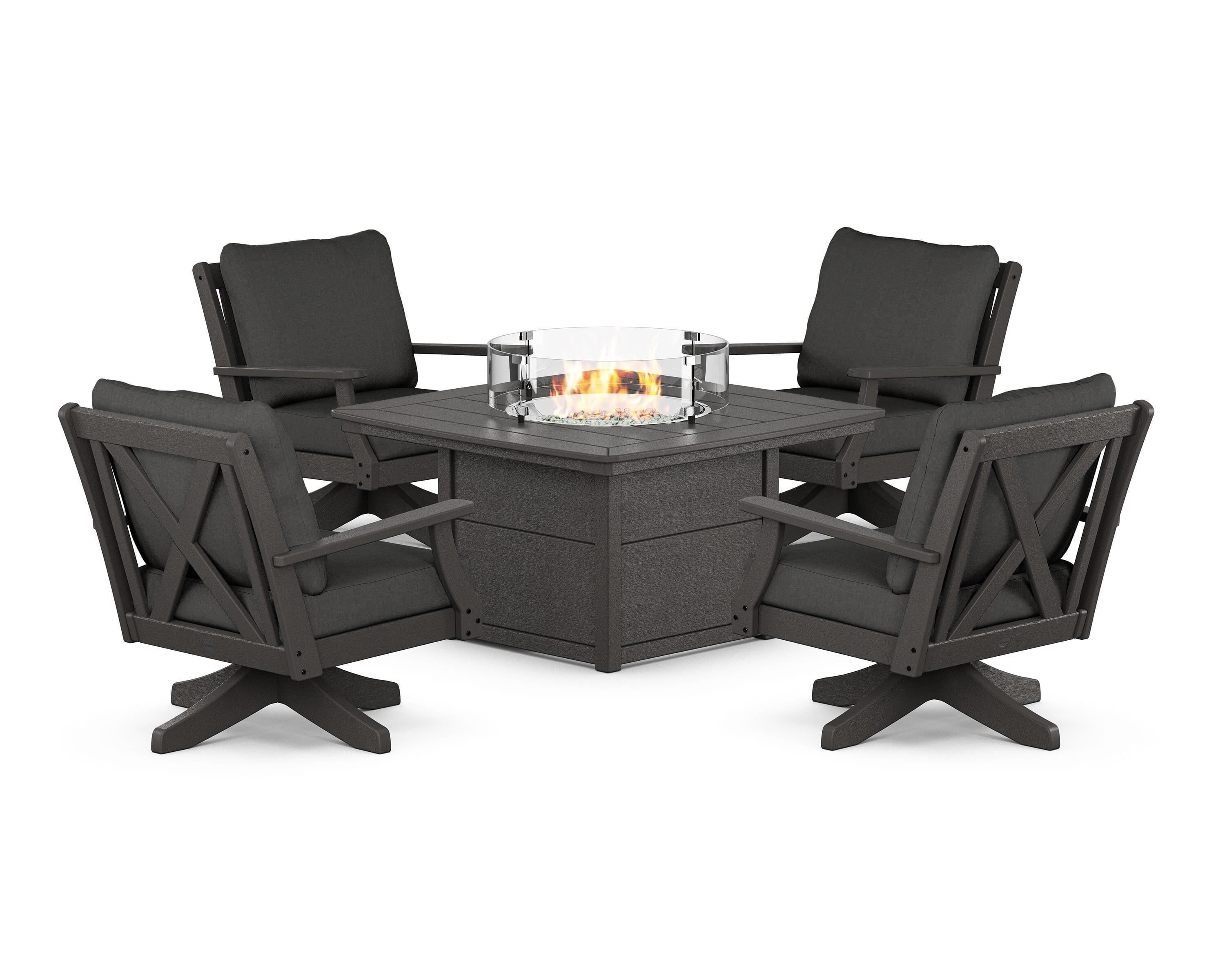 POLYWOOD Braxton 5-Piece Deep Seating Swivel Conversation Set with Fire Pit Table in Vintage Coffee / Spectrum Carbon