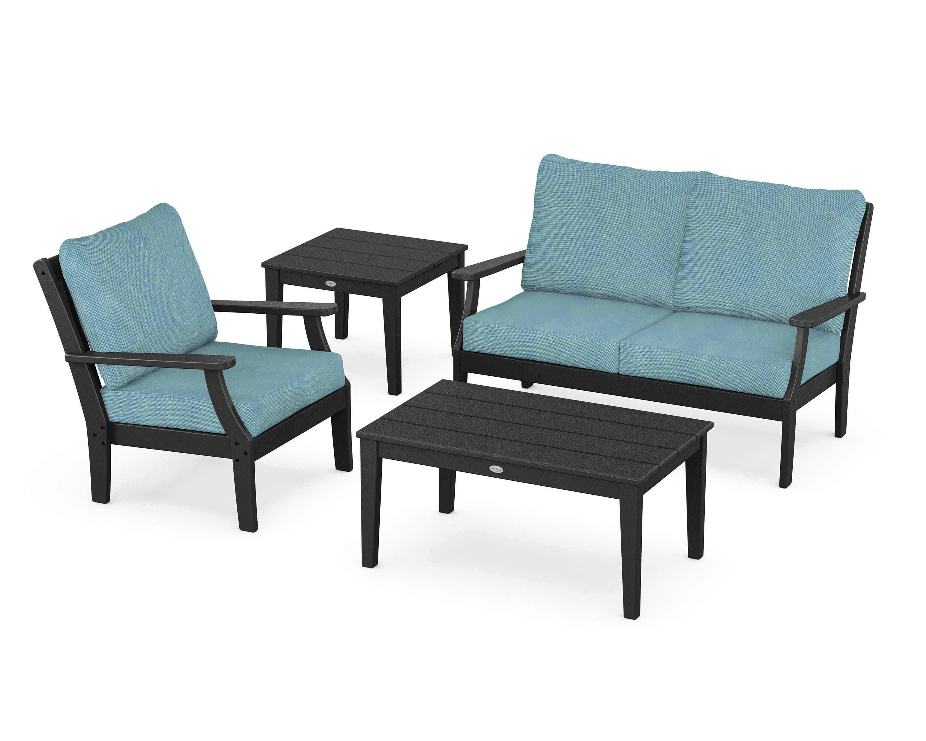 POLYWOOD Braxton 4-Piece Deep Seating Set in Black / Lattice Sky Blue