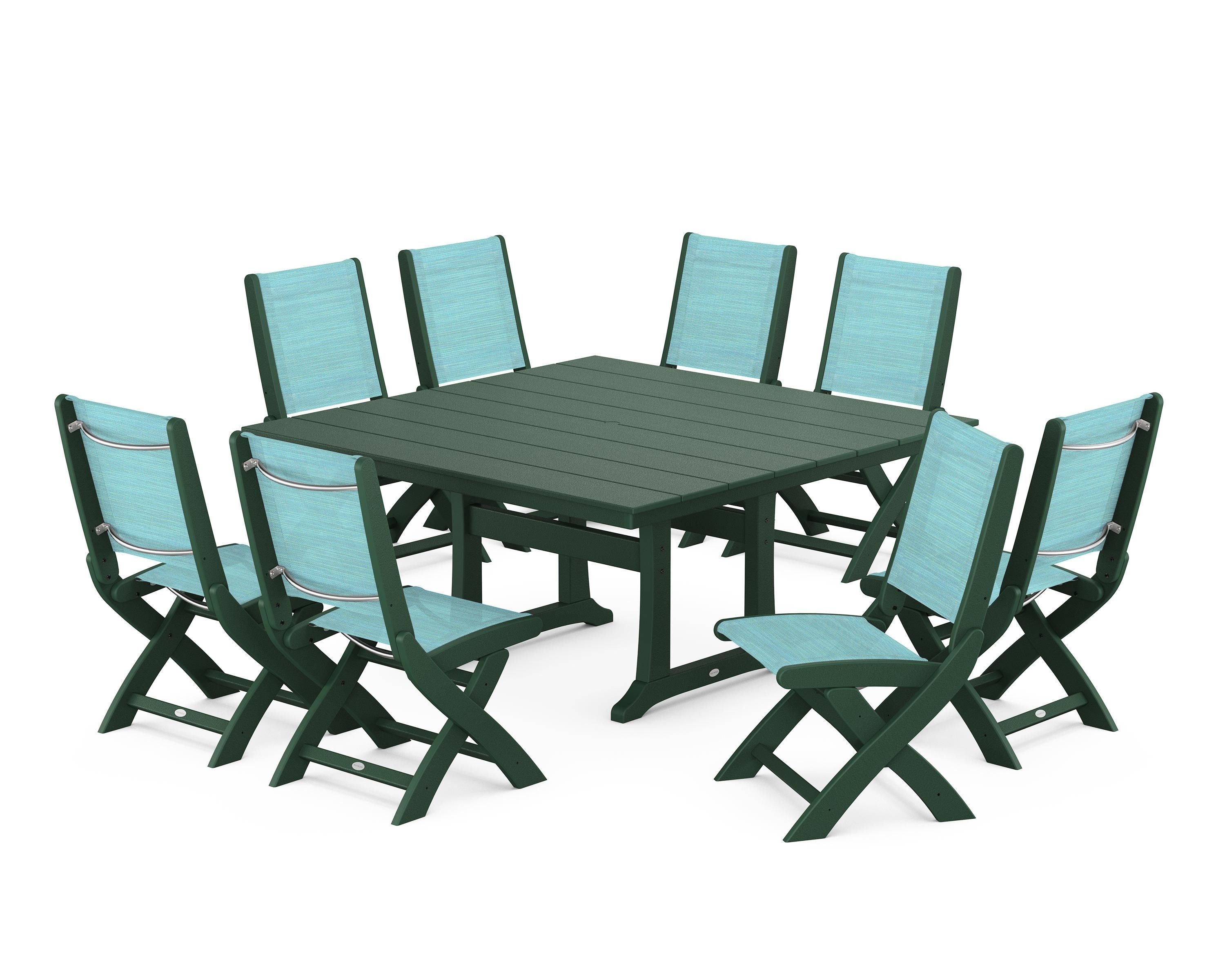 POLYWOOD Coastal Folding Side Chair 9-Piece Farmhouse Dining Set in Green / Dupioni Aquamarine Sling