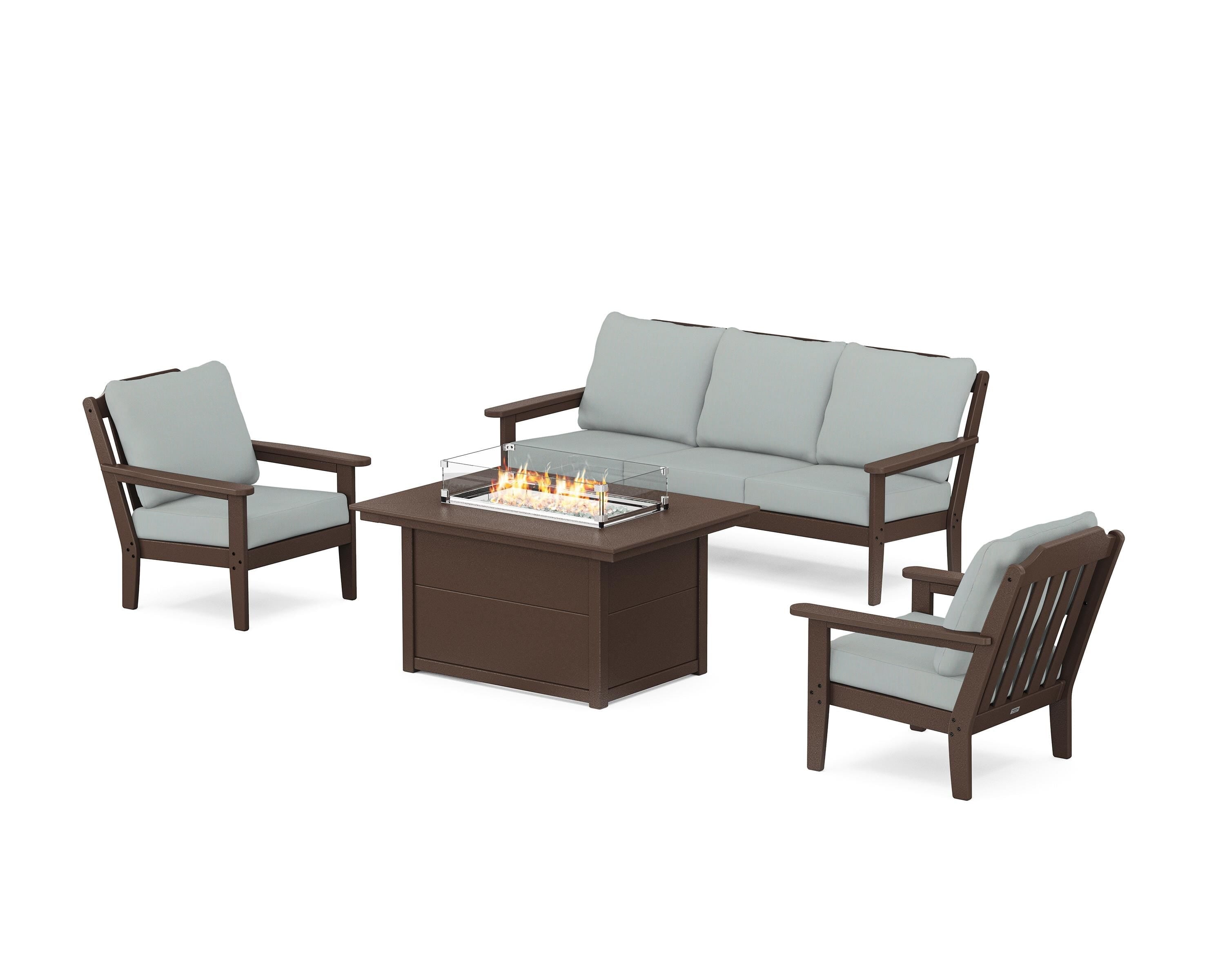 Country Living Cottage Deep Seating Fire Pit Table Set in Mahogany / Spa