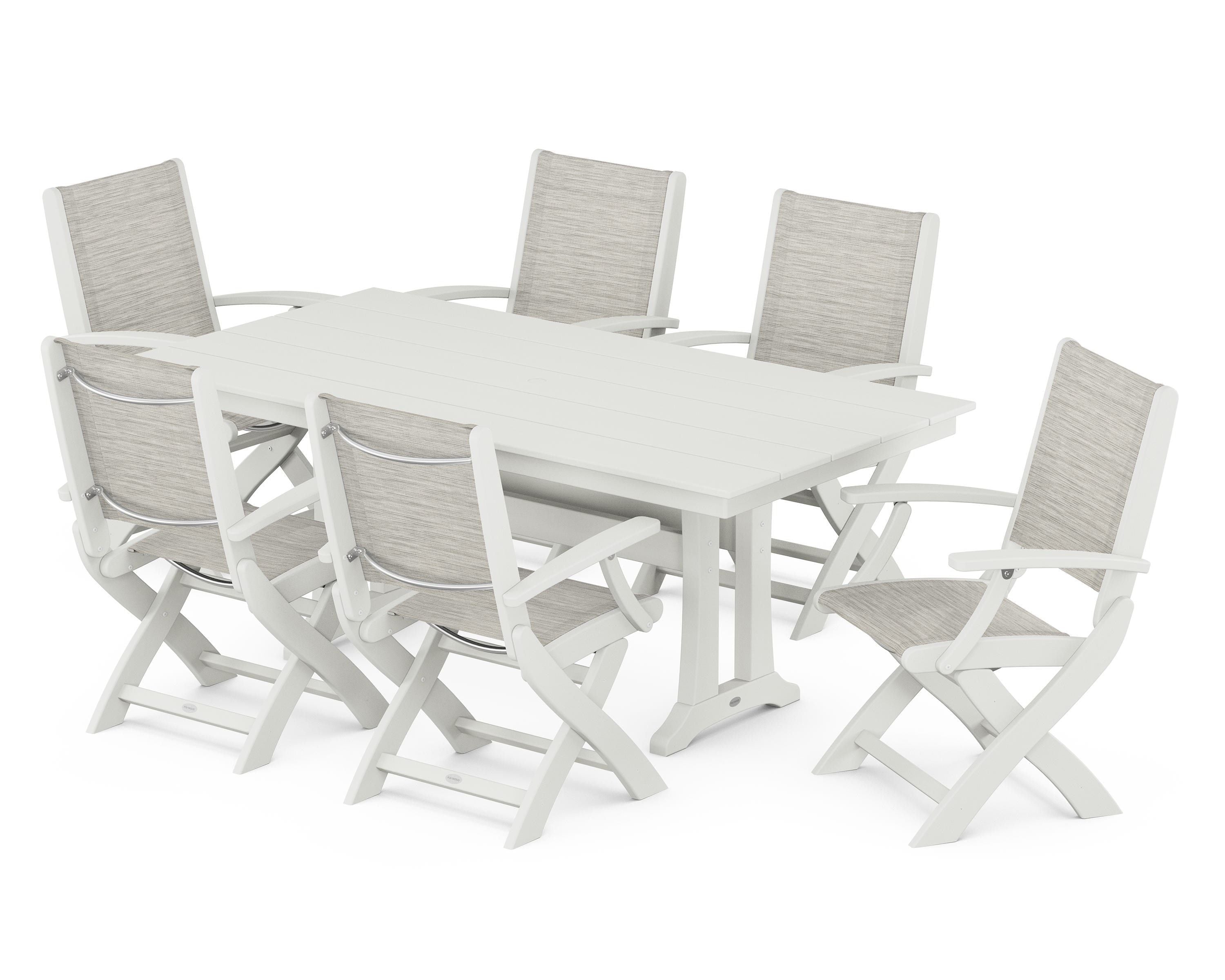 POLYWOOD Coastal Folding Arm Chair 7-Piece Farmhouse Dining Set with Trestle Legs in Vintage White / Birch Sling
