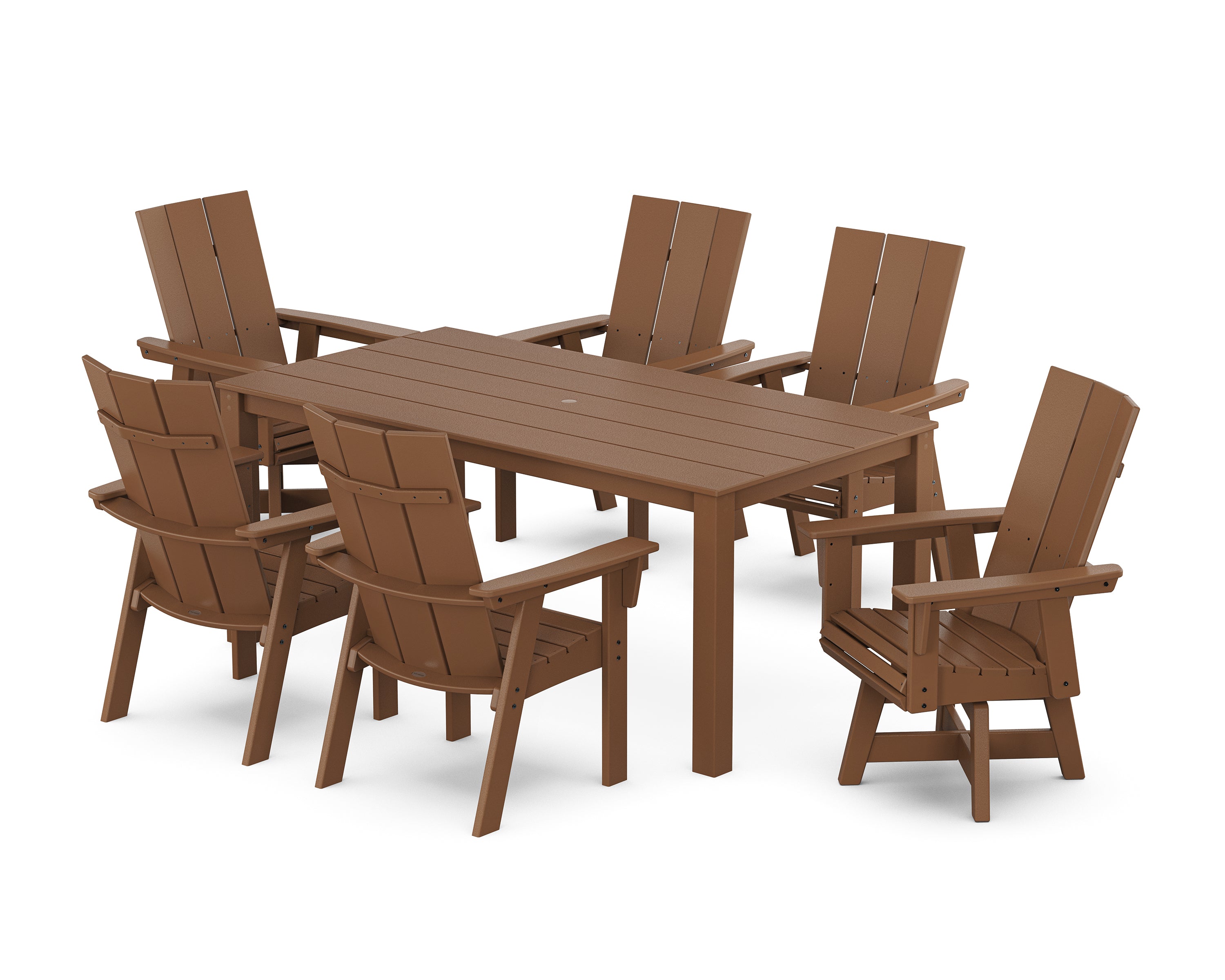 POLYWOOD® Modern Curveback Adirondack 7-Piece Parsons Swivel Dining Set in Teak