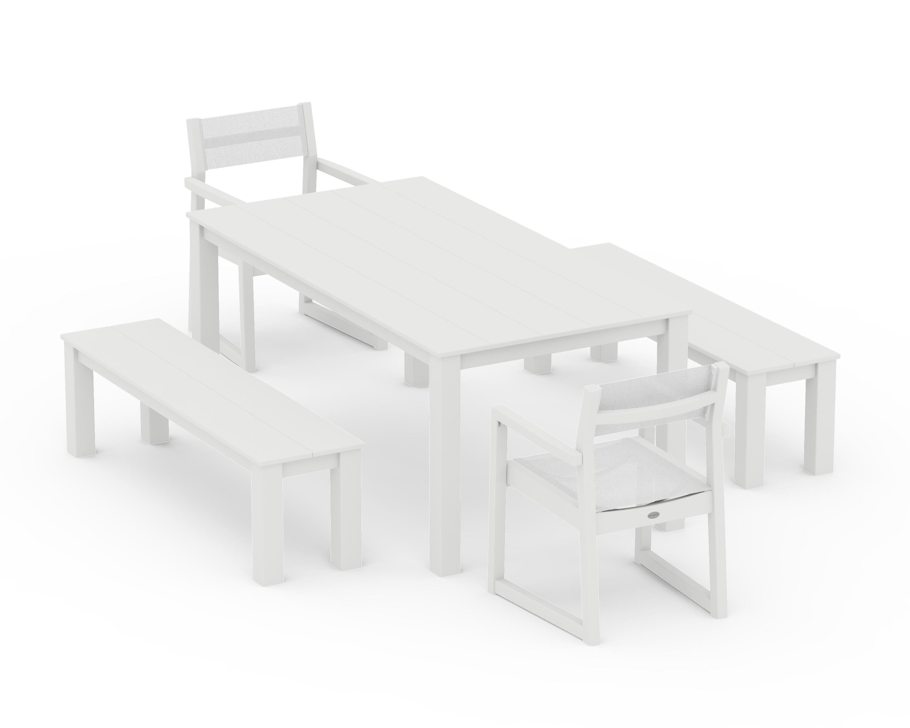 POLYWOOD EDGE Sling Arm Chair 5-Piece Parsons Dining Set with Benches in Vintage White / White Sling