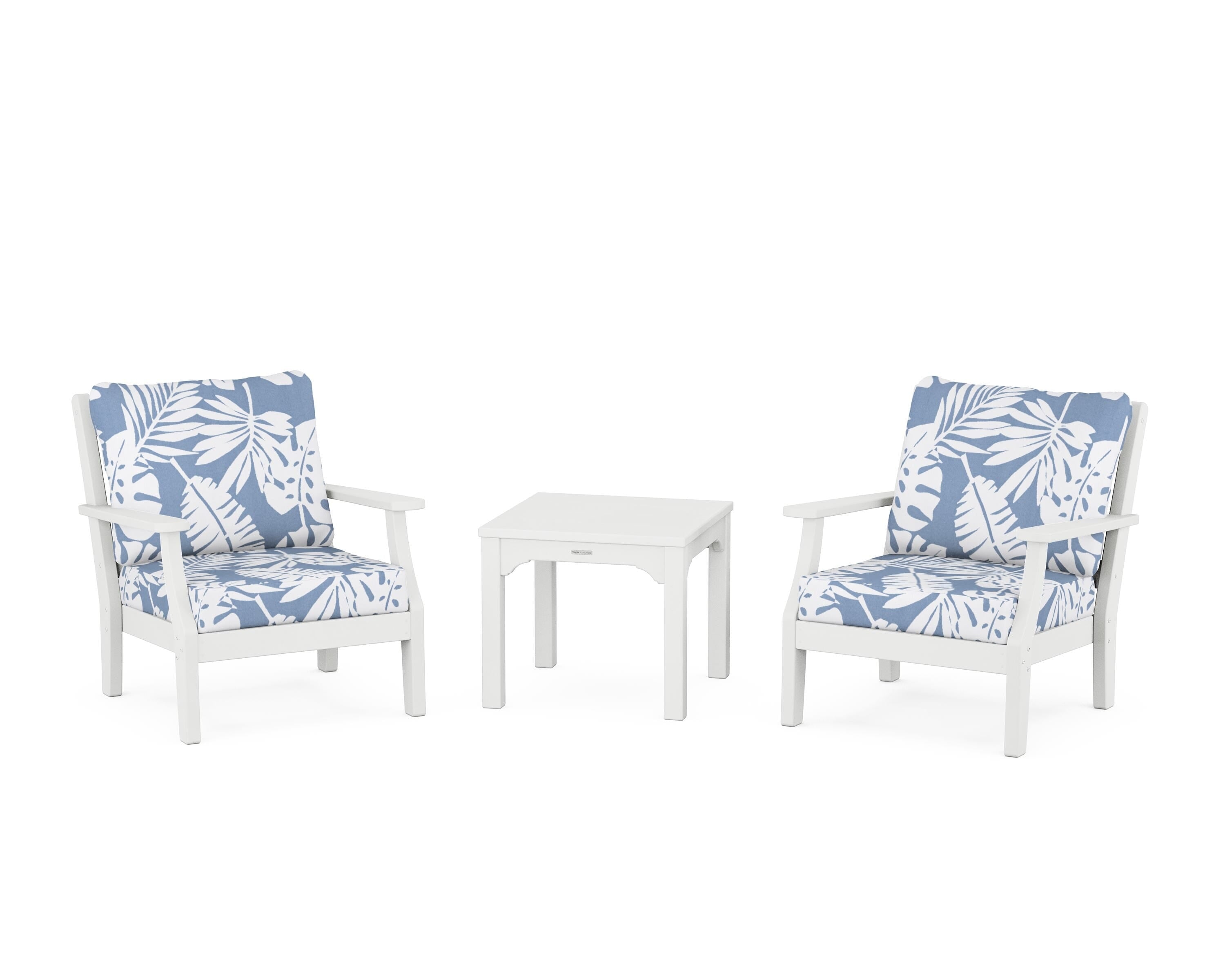 Martha Stewart by POLYWOOD Chinoiserie 3-Piece Deep Seating Set in White / Leaf Sky Blue