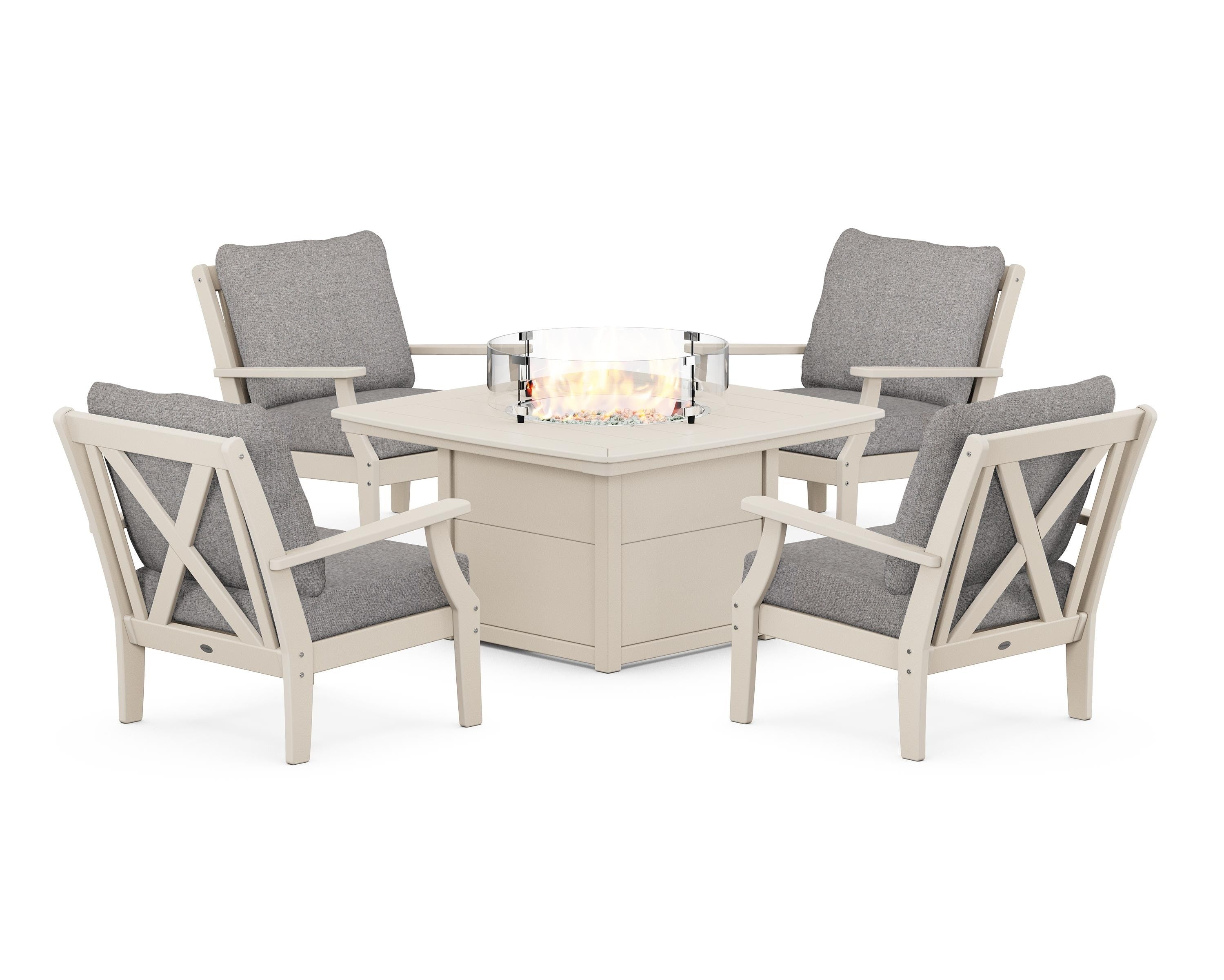 POLYWOOD Braxton 5-Piece Deep Seating Conversation Set with Fire Pit Table in Sand / Grey Mist