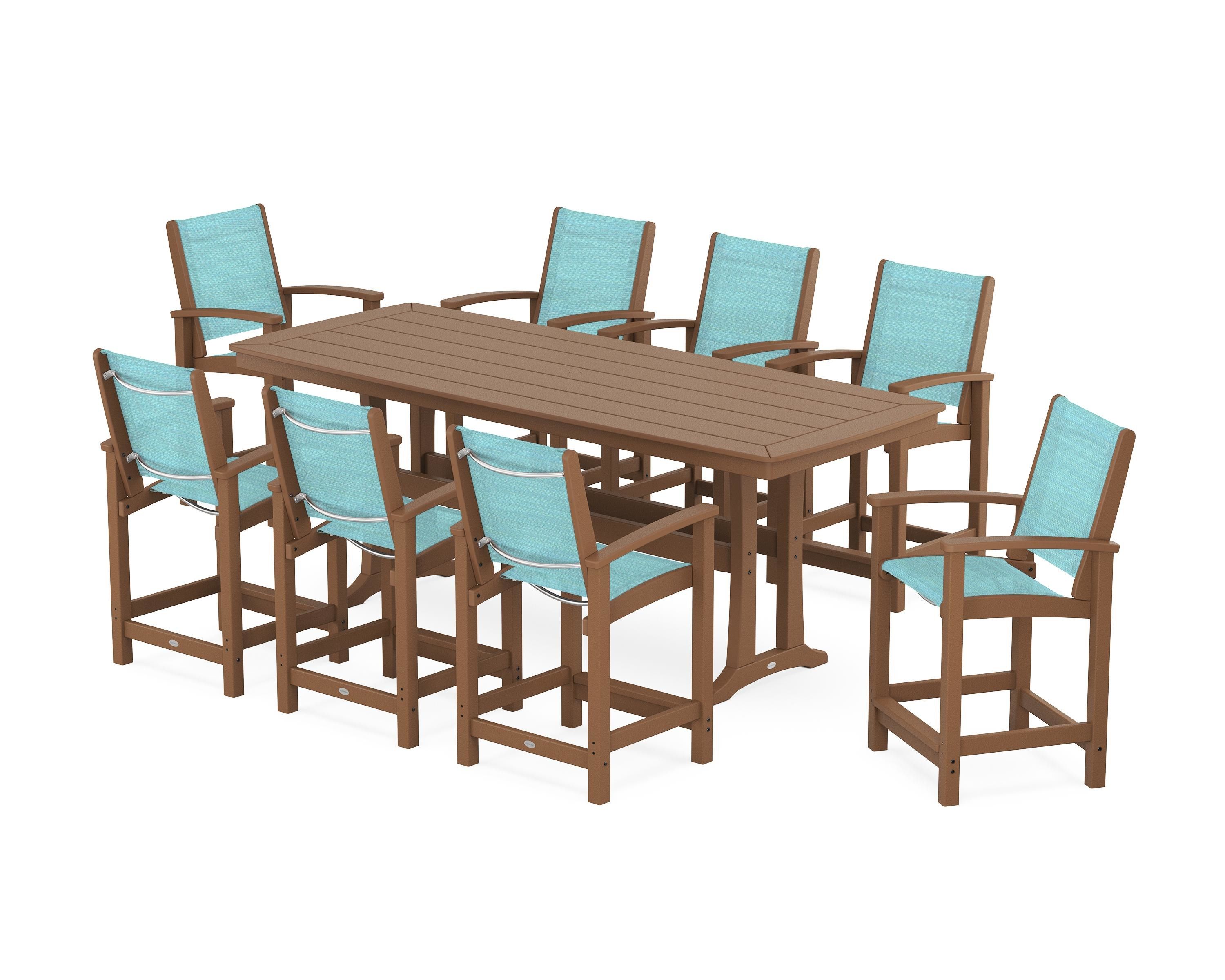 POLYWOOD Coastal 9-Piece Counter Set with Trestle Legs in Teak / Dupioni Aquamarine Sling