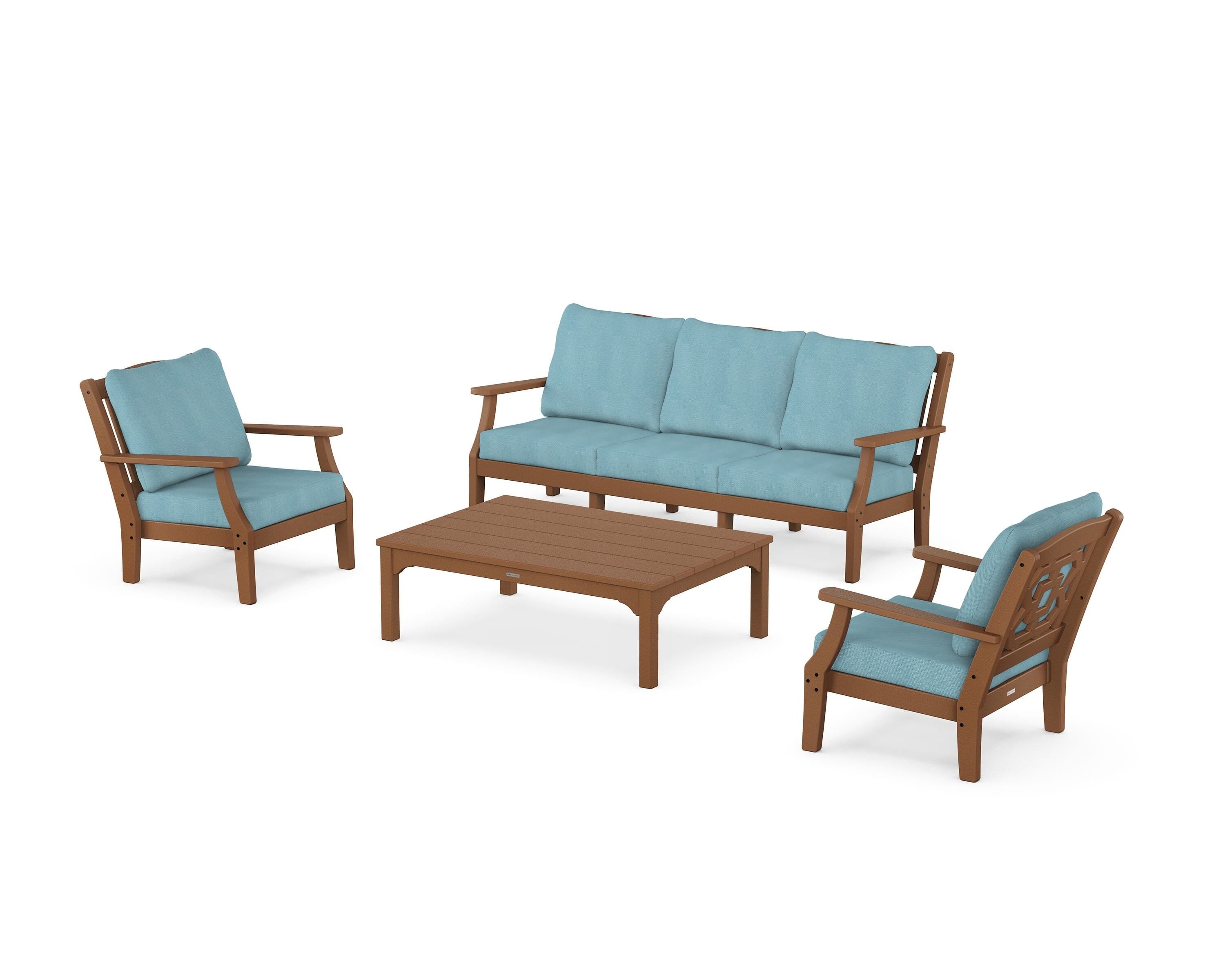 Martha Stewart by POLYWOOD Chinoiserie 4-Piece Deep Seating Set with Sofa in Teak / Lattice Sky Blue