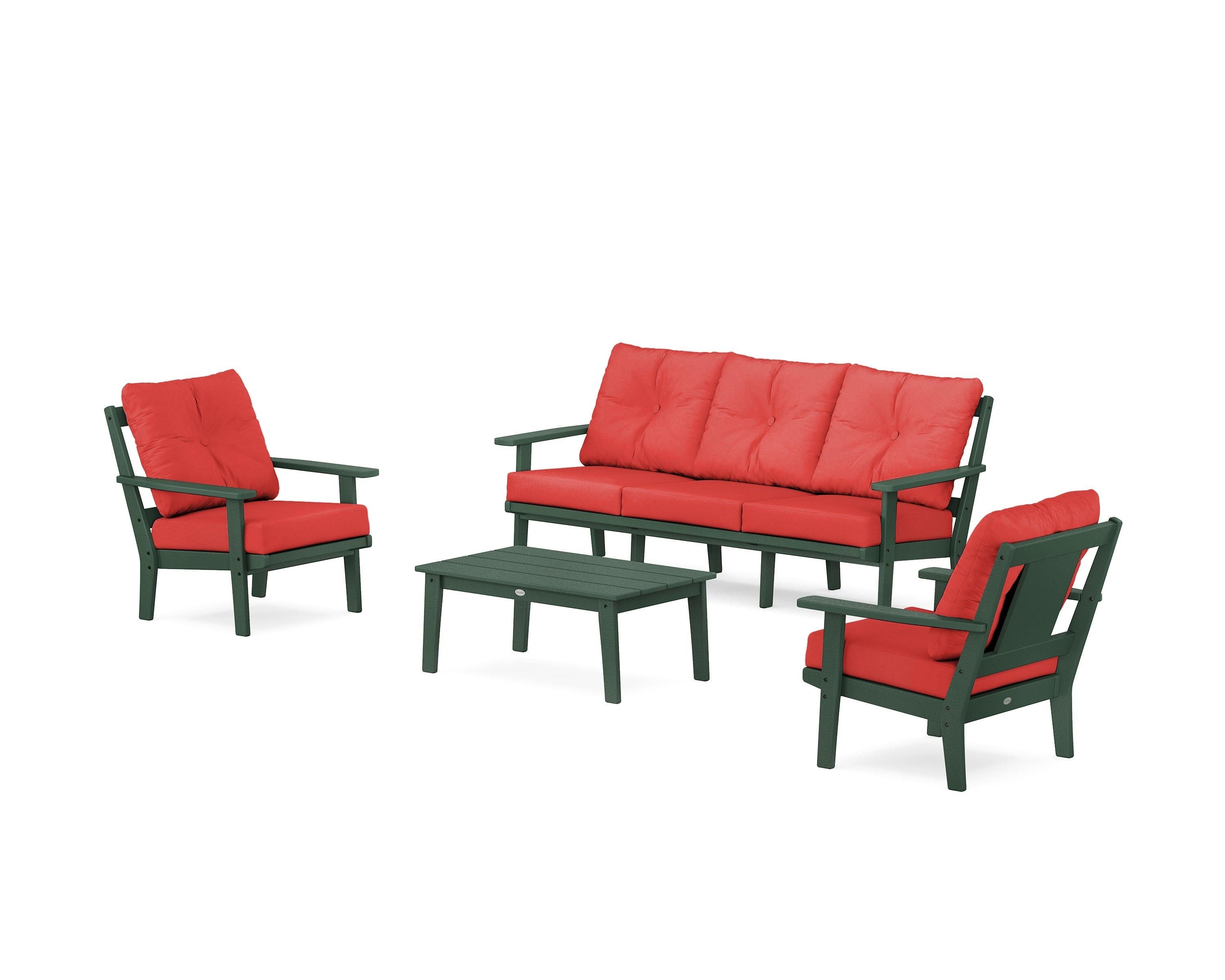 POLYWOOD Prairie 4-Piece Deep Seating Set with Sofa in Green / Crimson Linen
