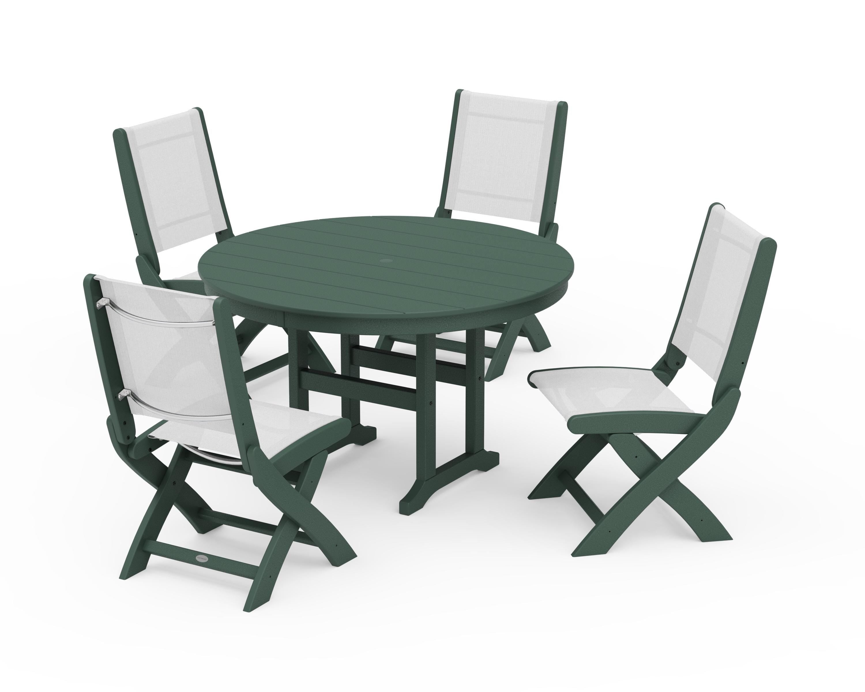 POLYWOOD Coastal Folding Side Chair 5-Piece Round Dining Set in Green / White Sling