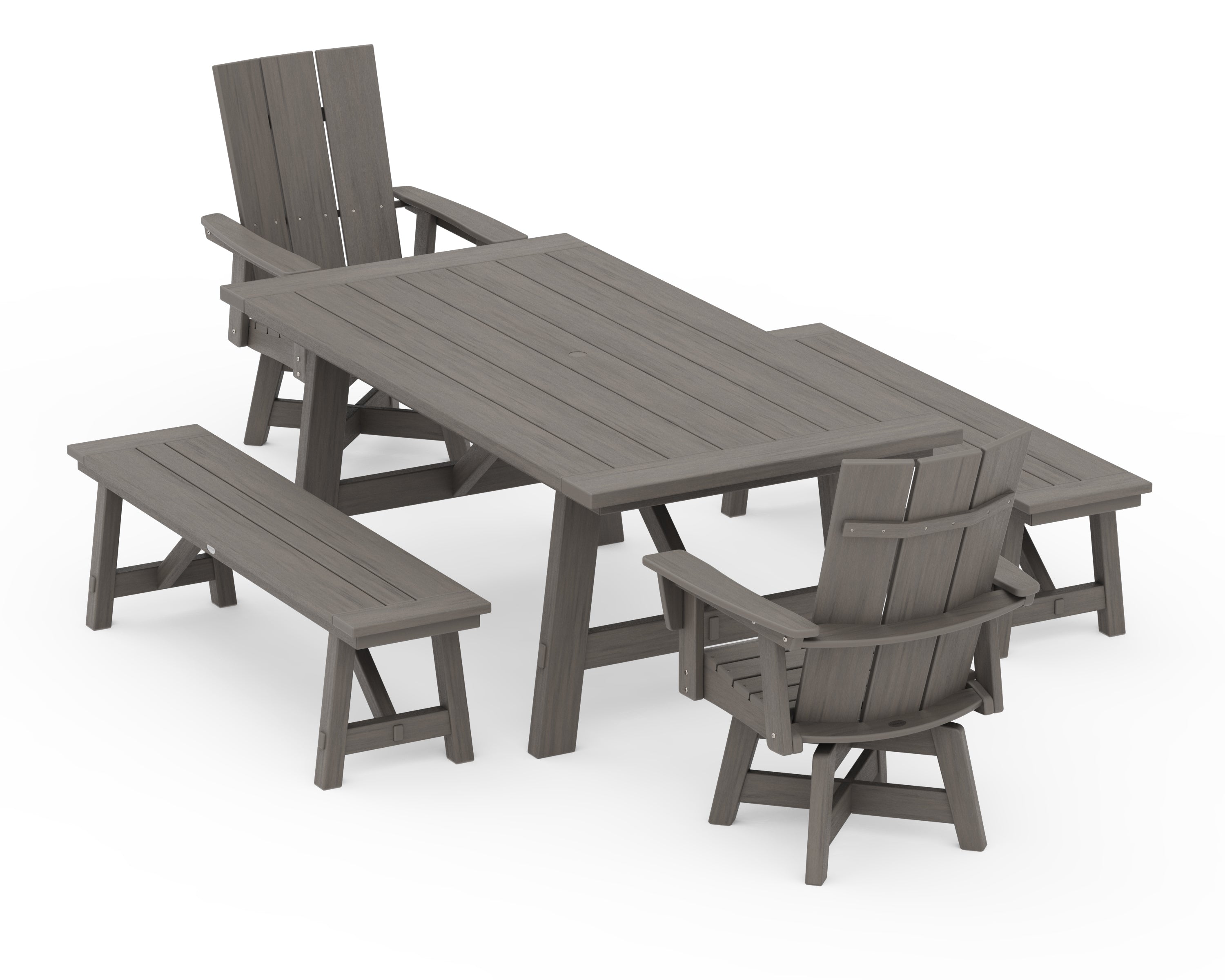 POLYWOOD Modern Curveback Adirondack Swivel Chair 5-Piece Rustic Farmhouse Dining Set With Benches in Driftwood