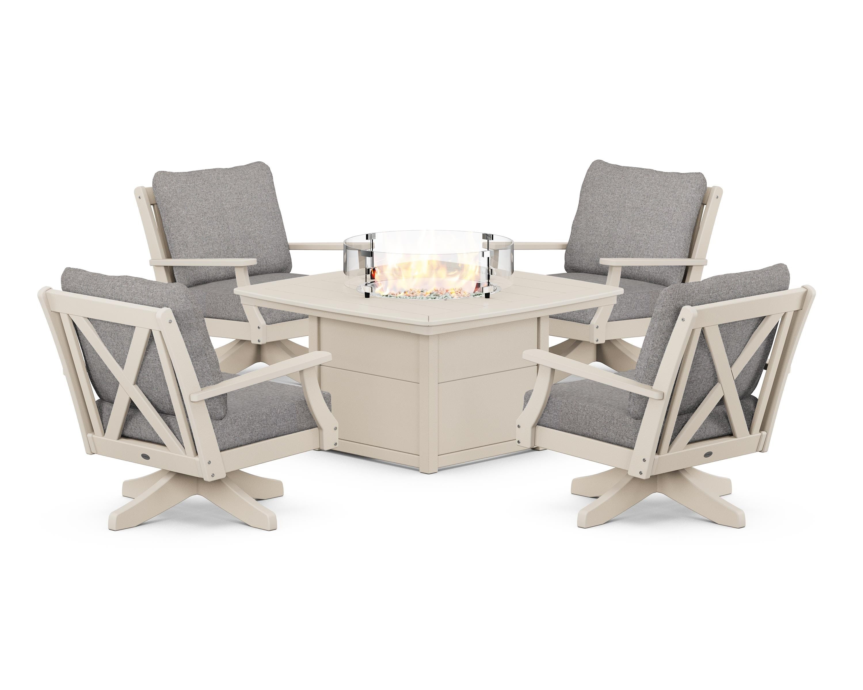 POLYWOOD Braxton 5-Piece Deep Seating Swivel Conversation Set with Fire Pit Table in Sand / Grey Mist