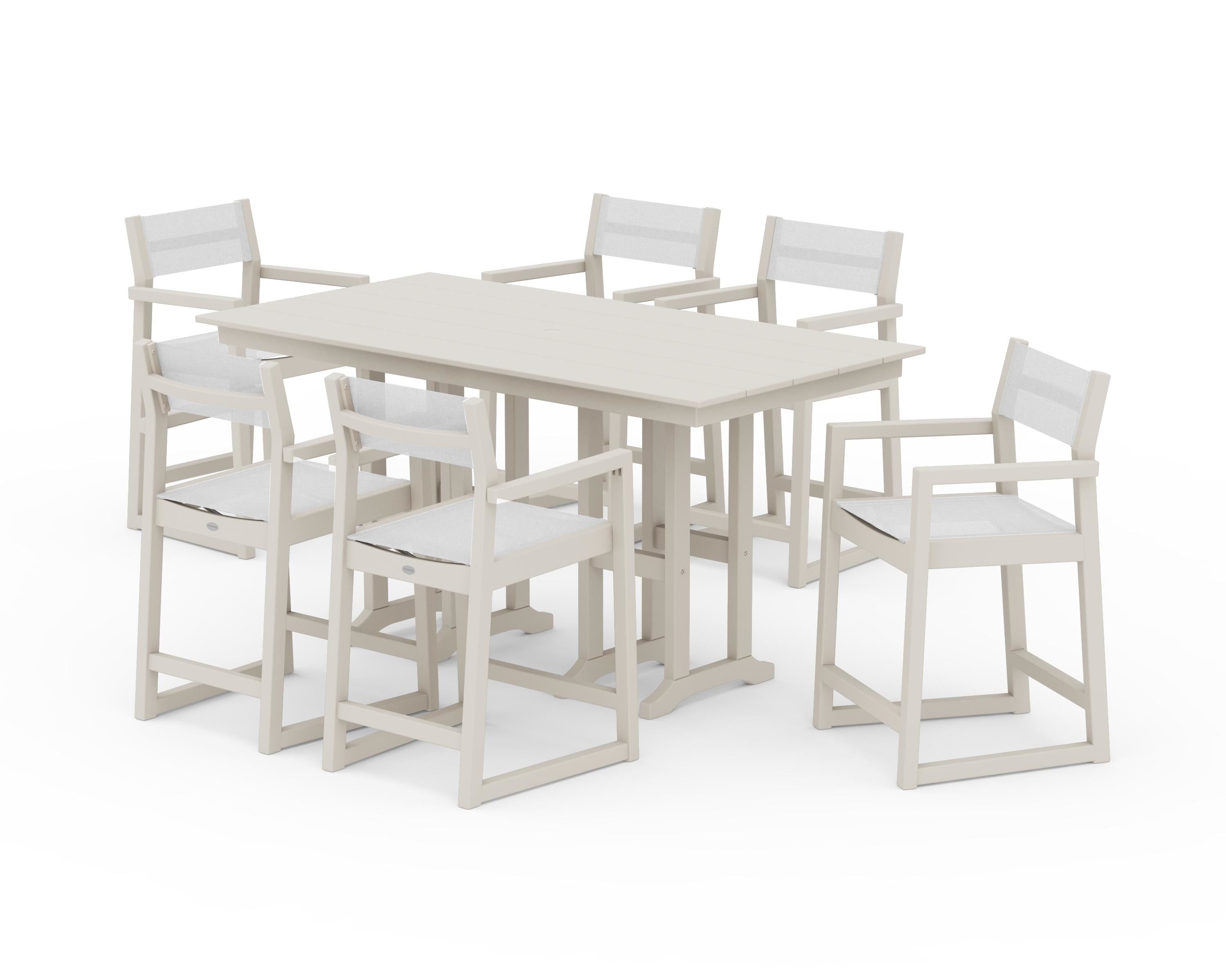 POLYWOOD EDGE Sling Arm Chair 7-Piece Farmhouse Counter Set in Sand / White Sling