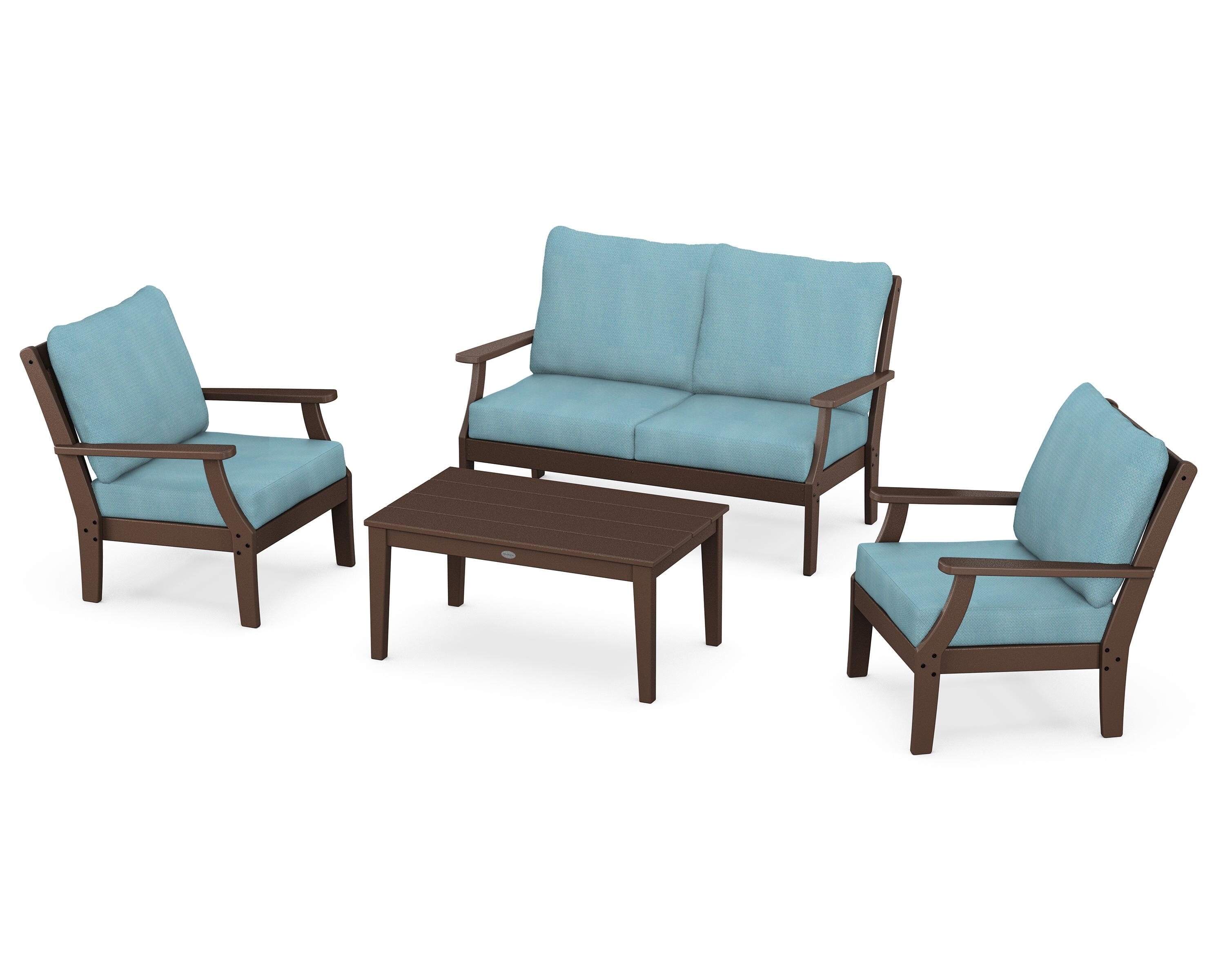 POLYWOOD Braxton 4-Piece Deep Seating Chair Set in Mahogany / Lattice Sky Blue