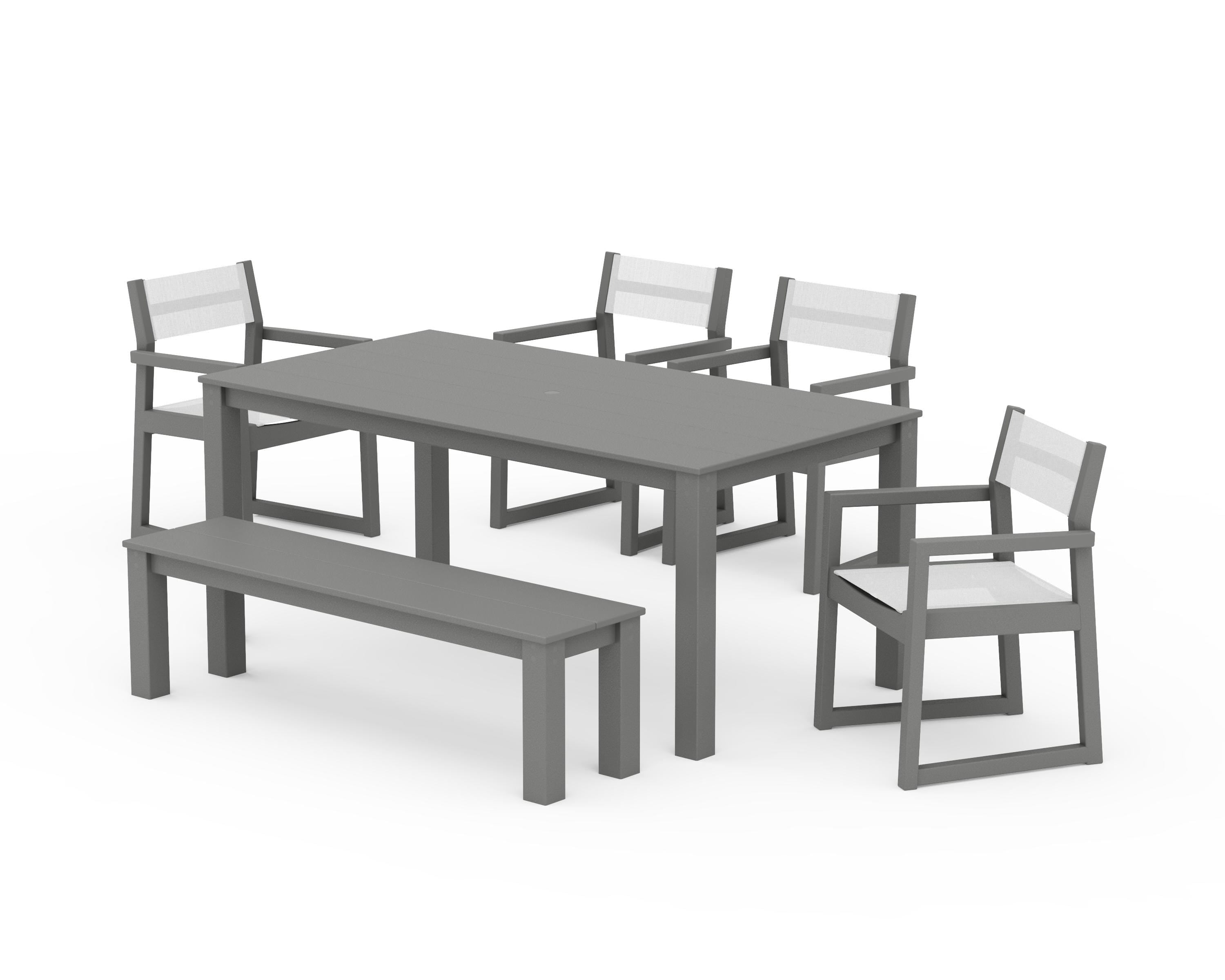 POLYWOOD EDGE Sling Arm Chair 6-Piece Parsons Dining Set with Bench in Slate Grey / White Sling
