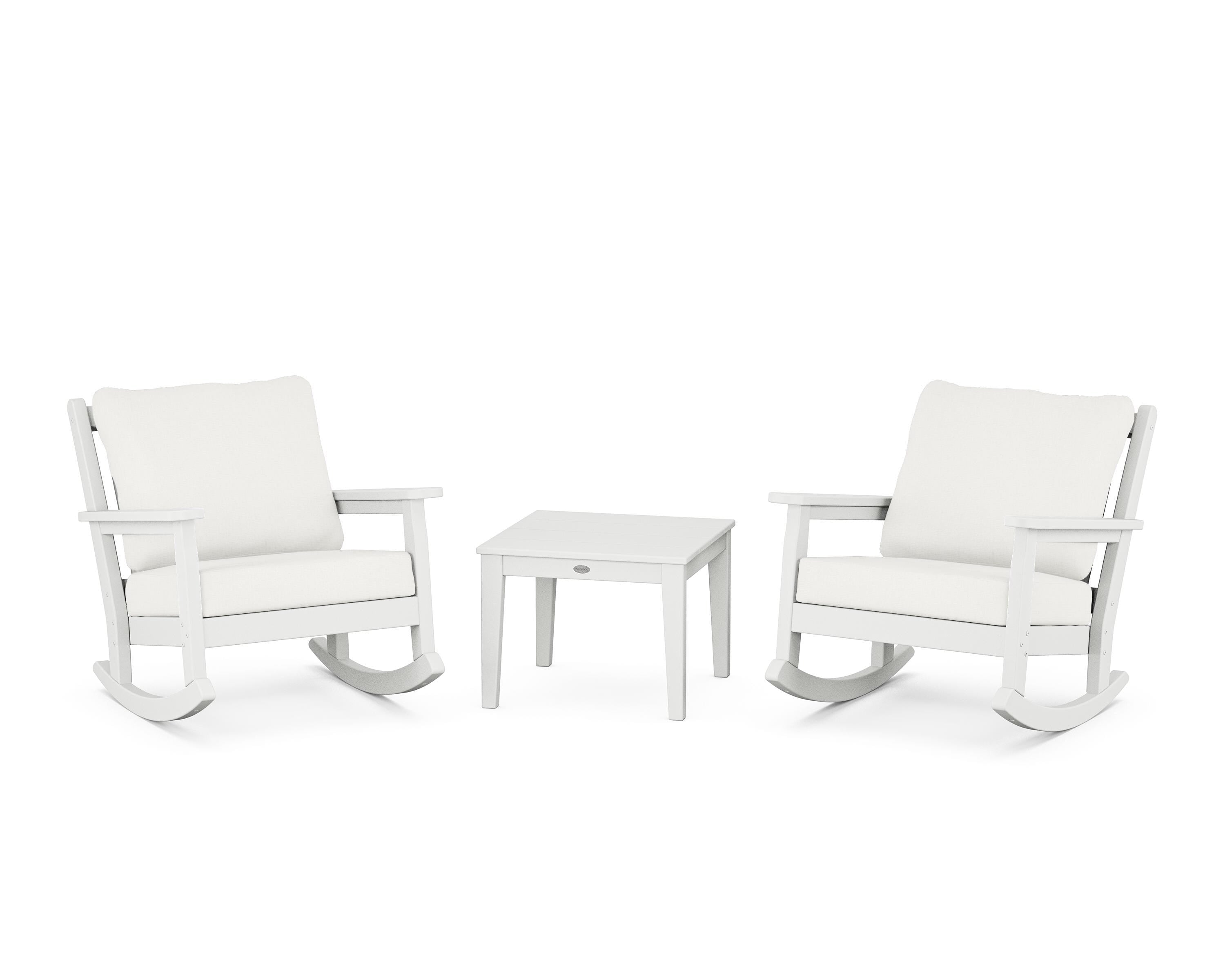POLYWOOD Chippendale 3-Piece Deep Seating Rocker Set in White / Natural Linen