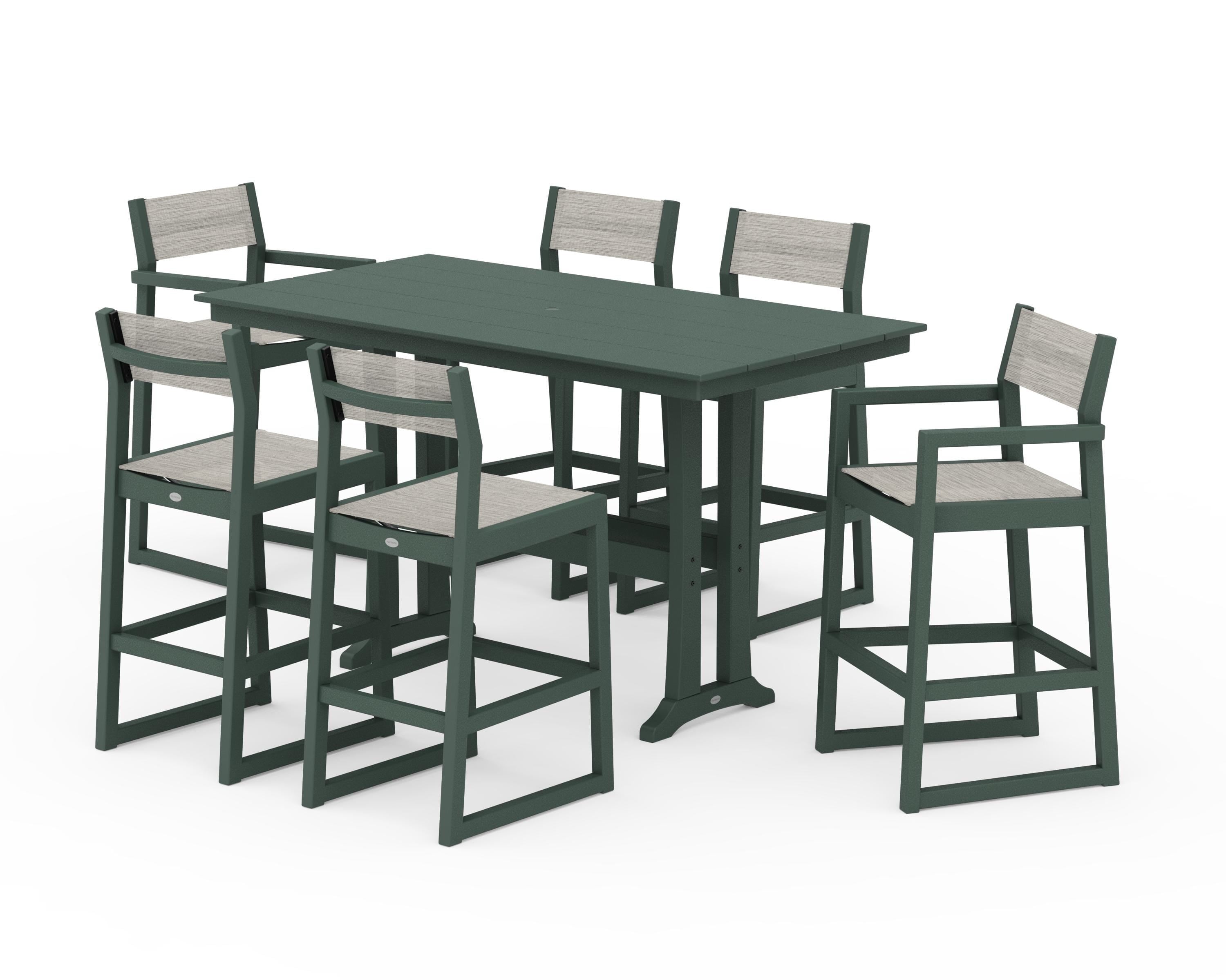 POLYWOOD EDGE Sling 7-Piece Farmhouse Bar Set with Trestle Legs in Green / Birch Sling