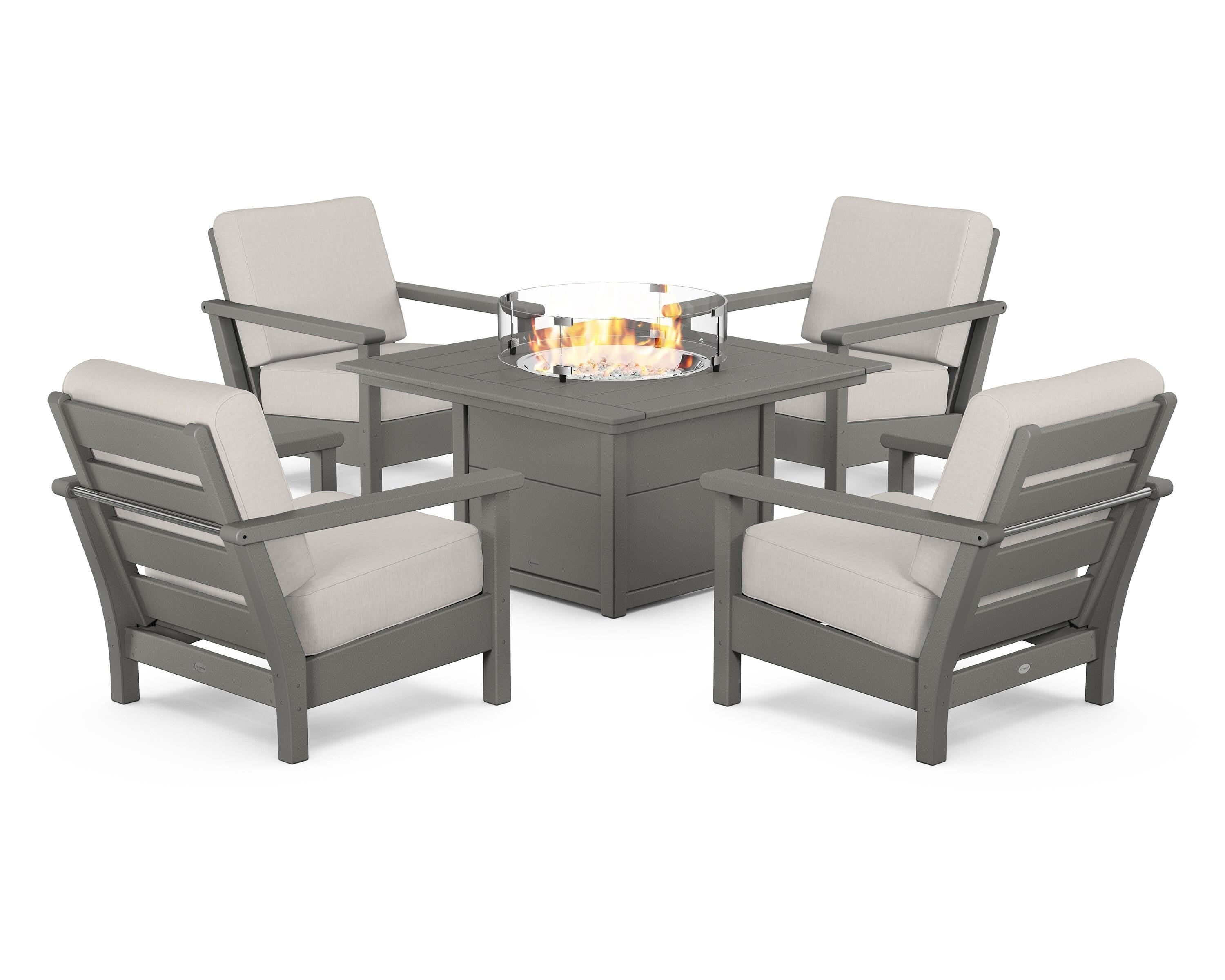 POLYWOOD Harbour 5-Piece Conversation Set with Fire Pit Table in Slate Grey / Cast Ash
