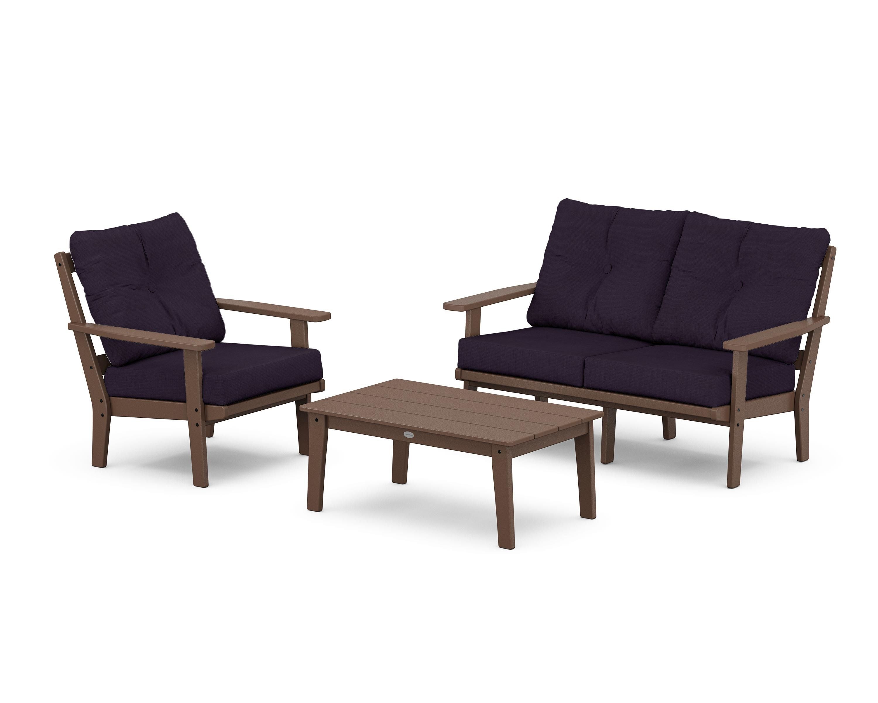 POLYWOOD Prairie 3-Piece Deep Seating Set with Loveseat in Mahogany / Navy Linen
