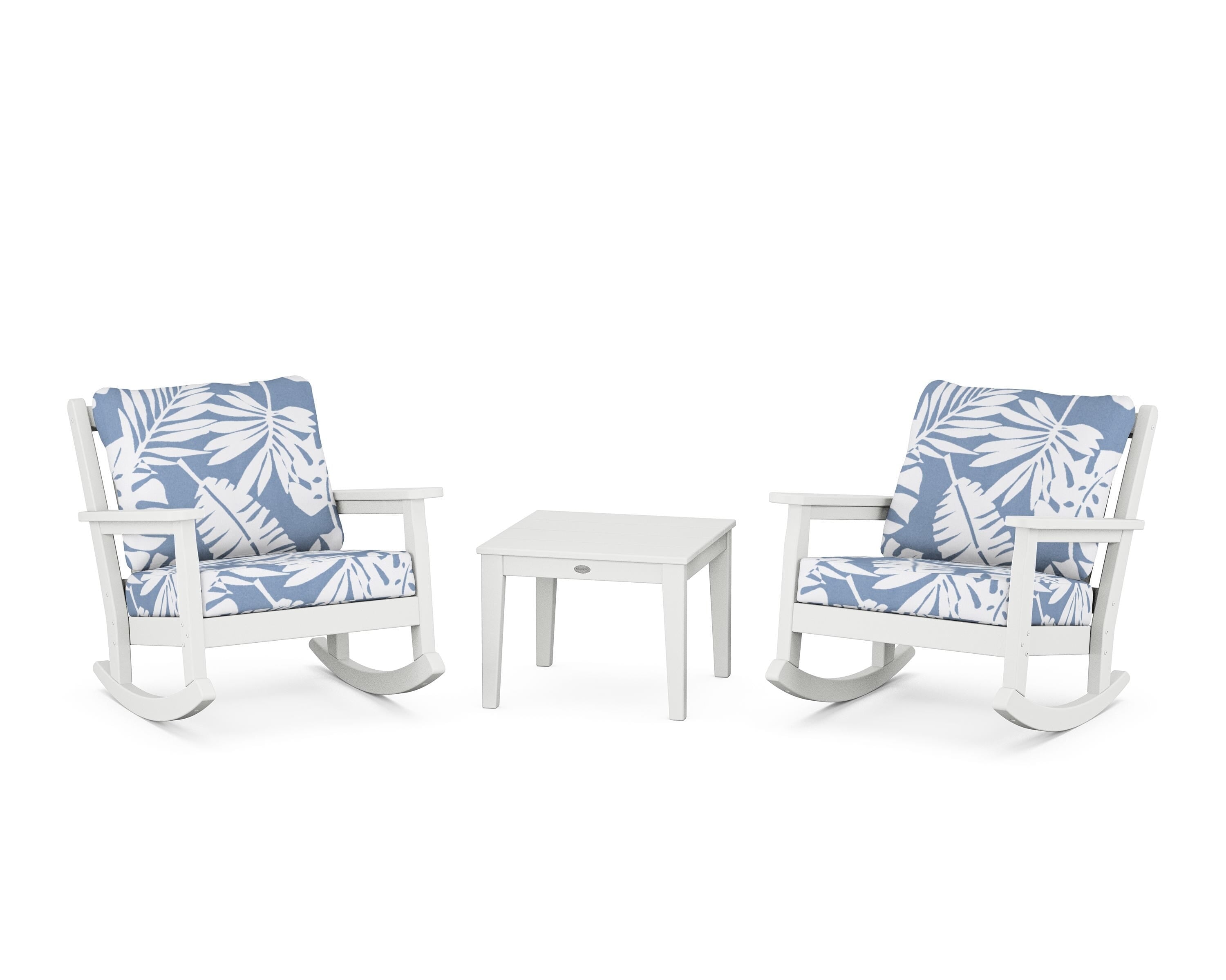 POLYWOOD Chippendale 3-Piece Deep Seating Rocker Set in White / Leaf Sky Blue
