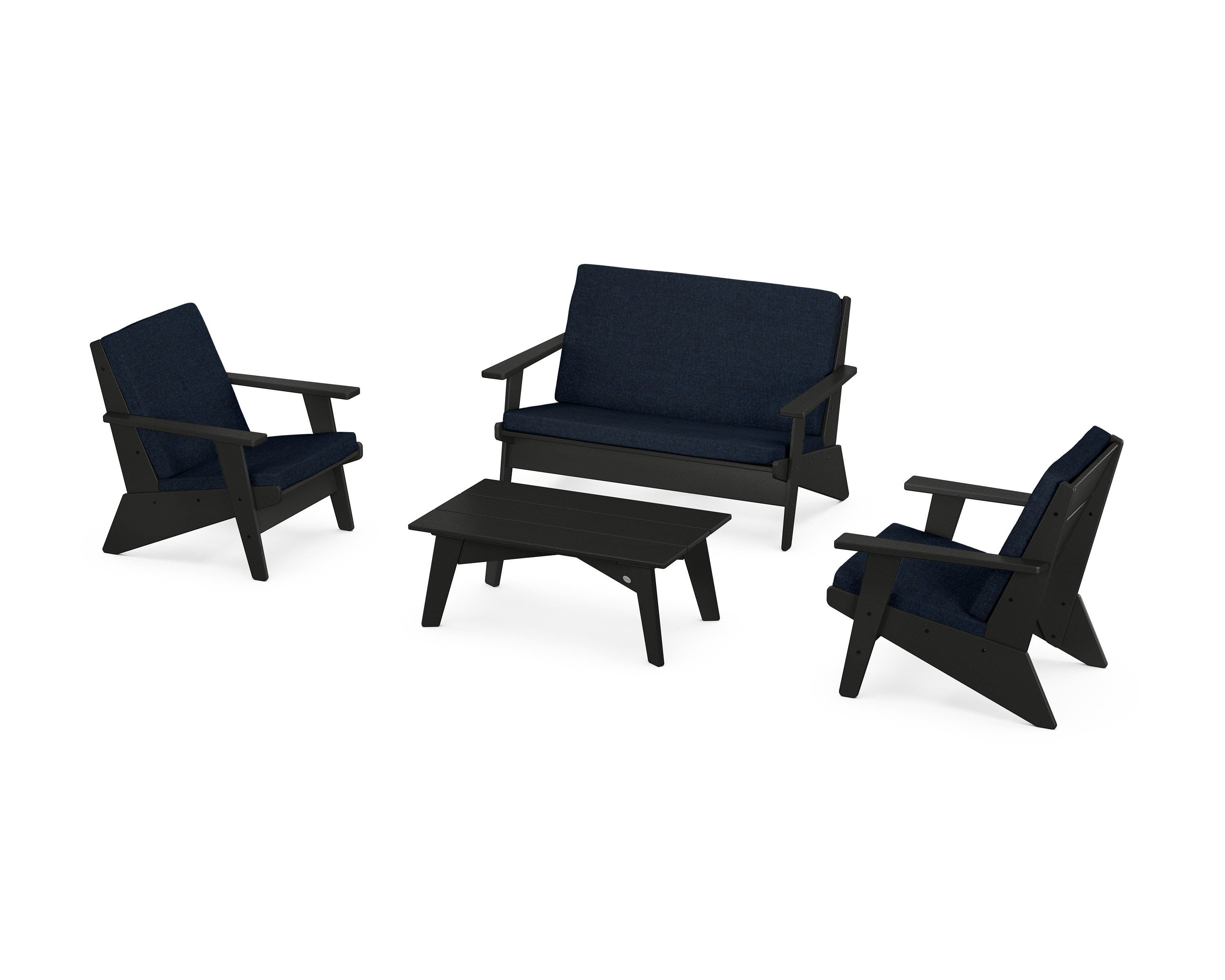 POLYWOOD Riviera Modern Lounge 4-Piece Set in Black / Marine Indigo