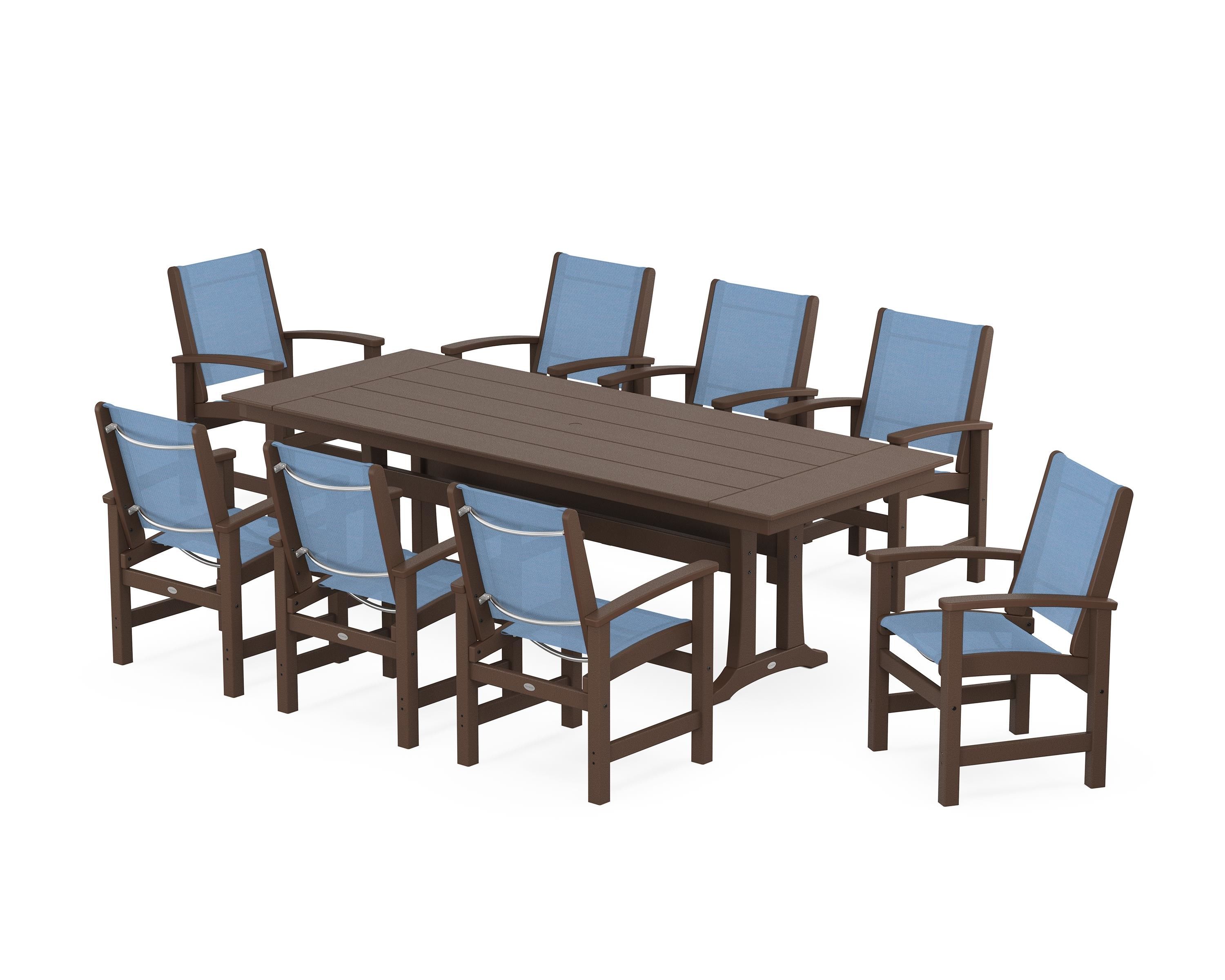POLYWOOD Coastal 9-Piece Farmhouse Dining Set with Trestle Legs in Mahogany / Poolside Sling