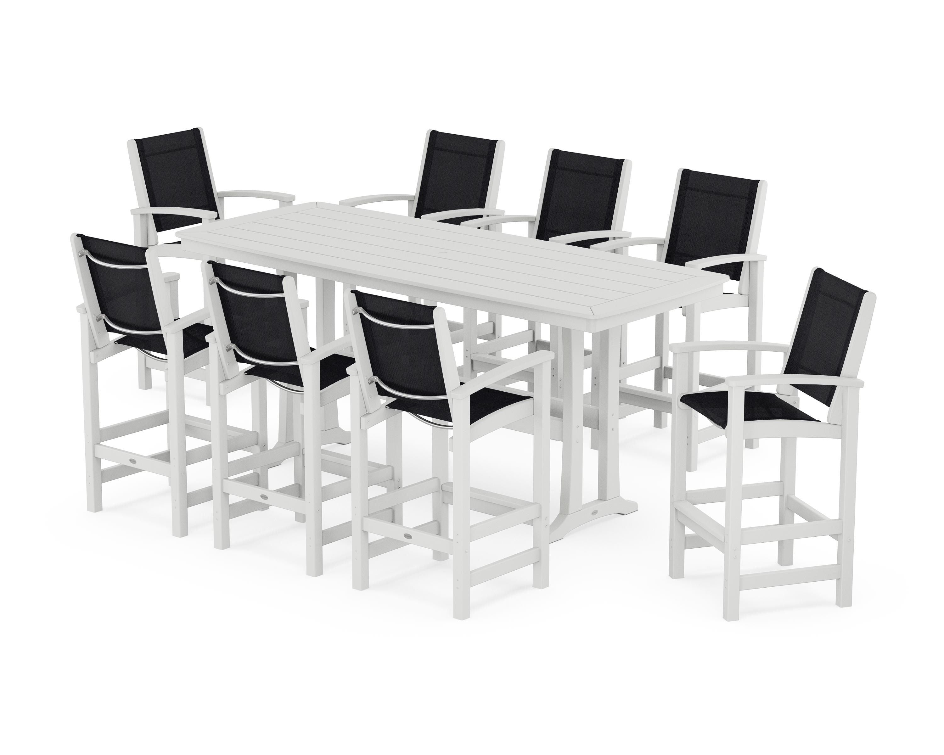 POLYWOOD Coastal 9-Piece Bar Set with Trestle Legs in White / Black Sling