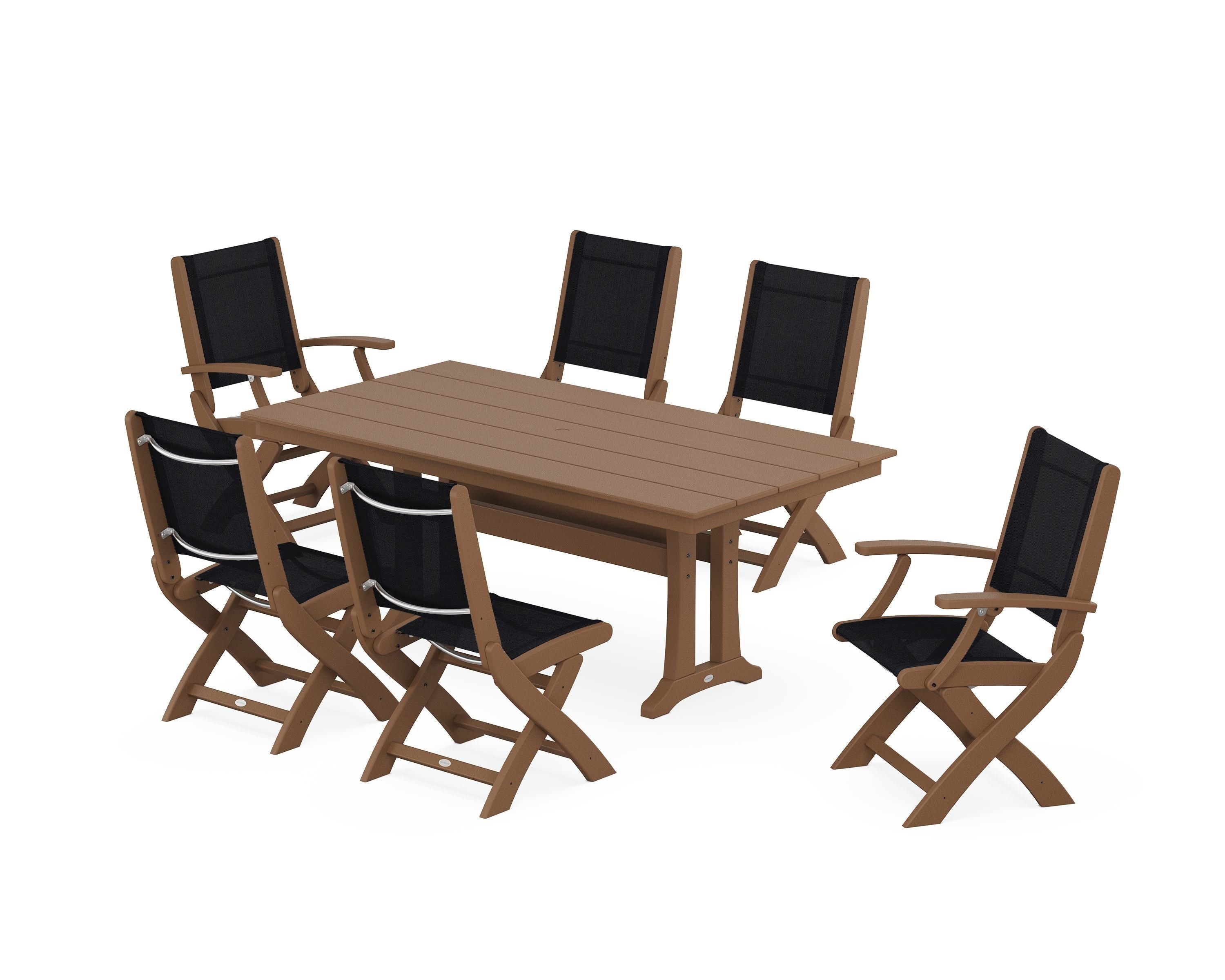 POLYWOOD Coastal Folding Chair 7-Piece Farmhouse Dining Set with Trestle Legs in Teak / Black Sling
