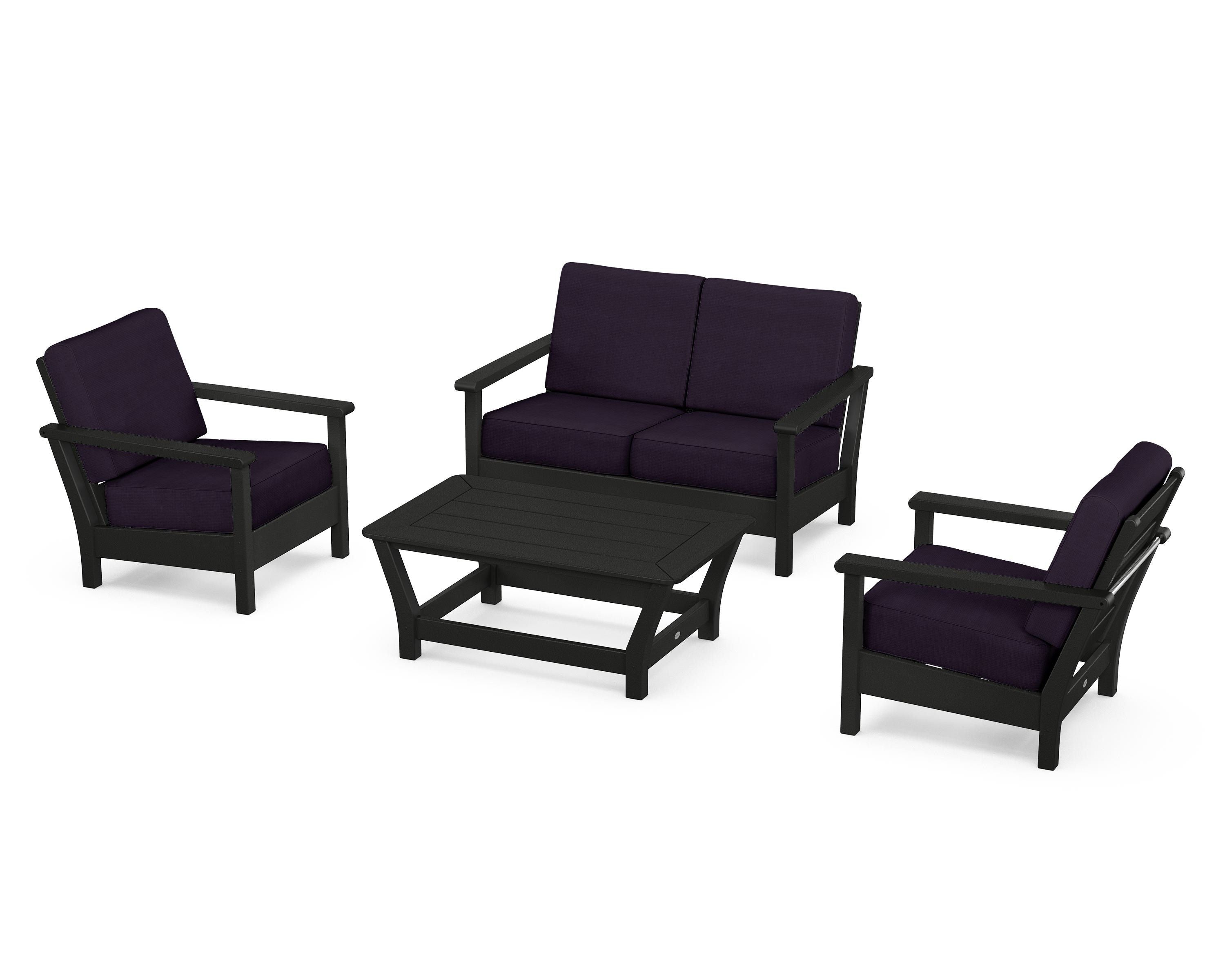 POLYWOOD Harbour 4-Piece Deep Seating Set in Black / Navy Linen