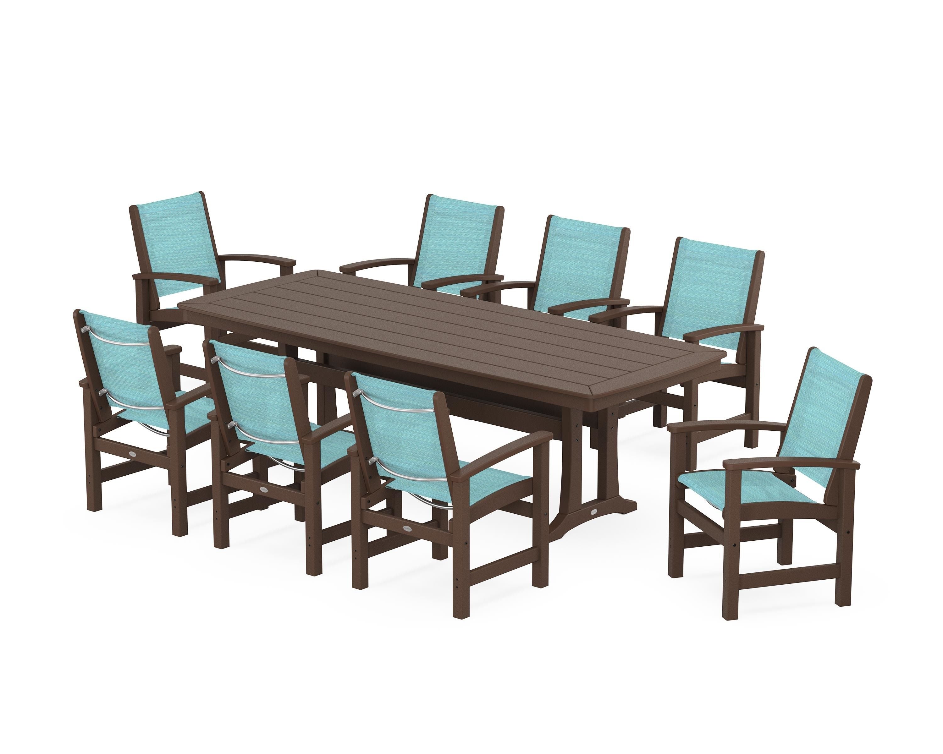 POLYWOOD Coastal 9-Piece Dining Set with Trestle Legs in Mahogany / Dupioni Aquamarine Sling