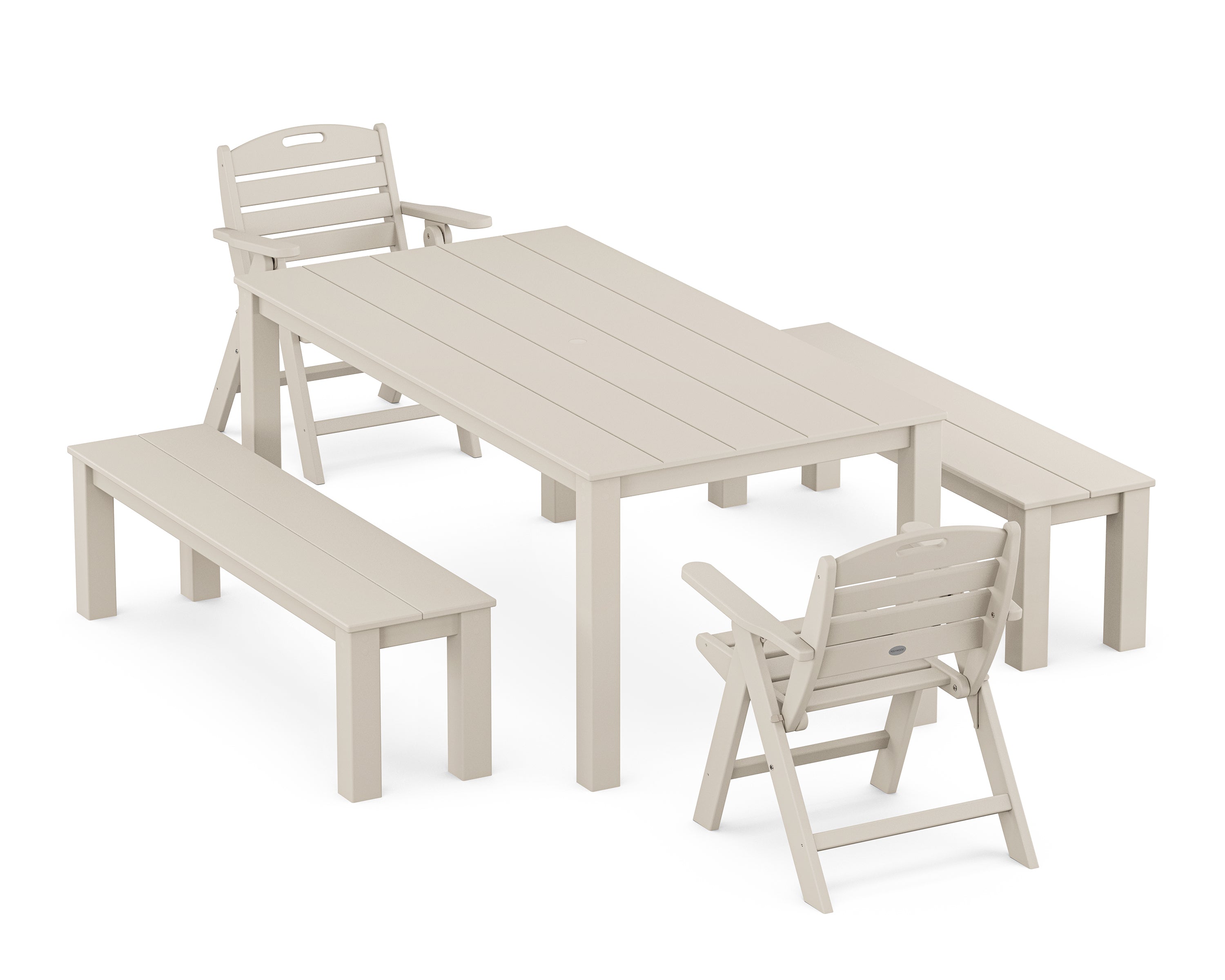 POLYWOOD® Nautical Folding Lowback Chair 5-Piece Parsons Dining Set with Benches in Sand