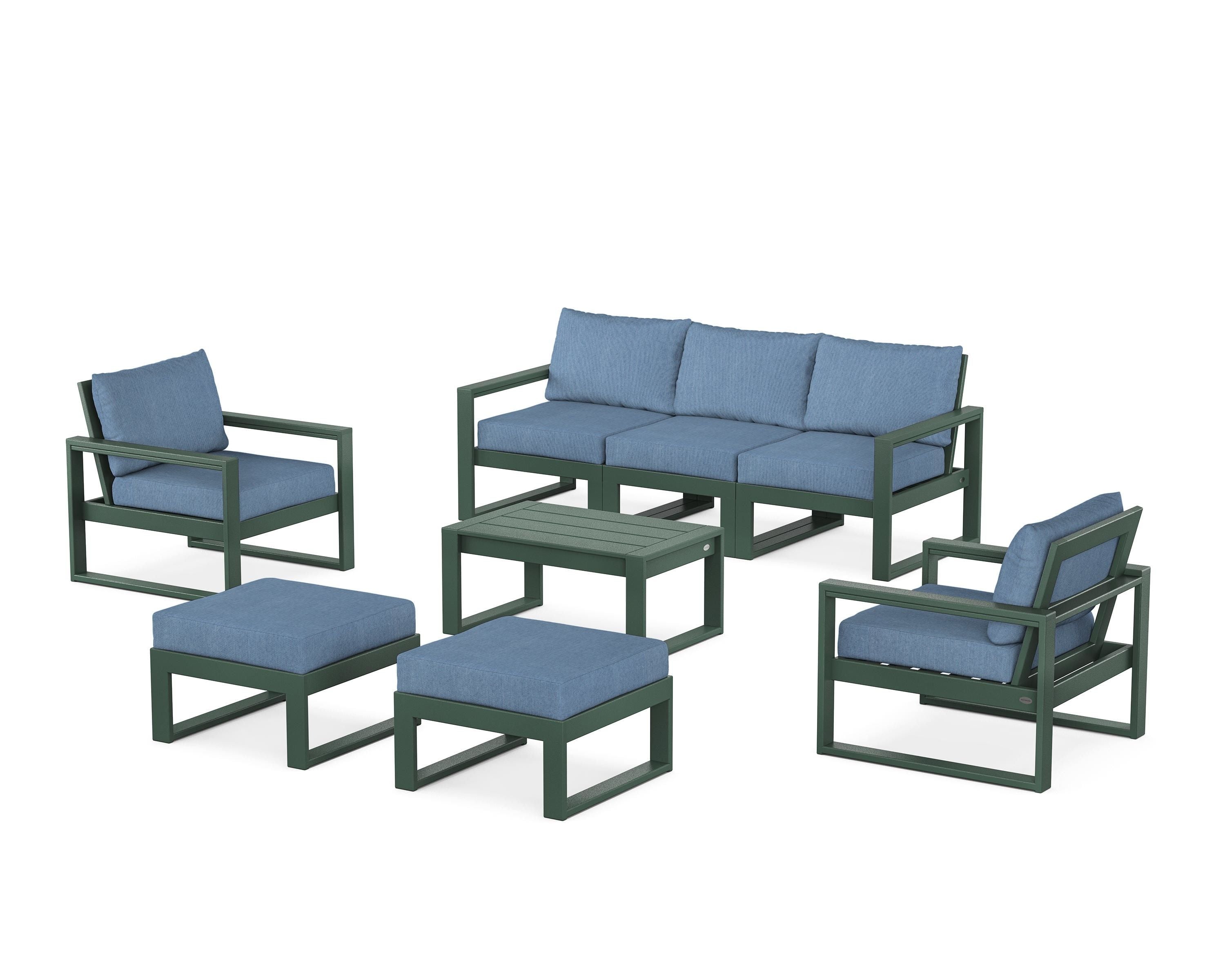 POLYWOOD EDGE Sectional 8-Piece Lounge Sofa Set in Green / Sky Blue