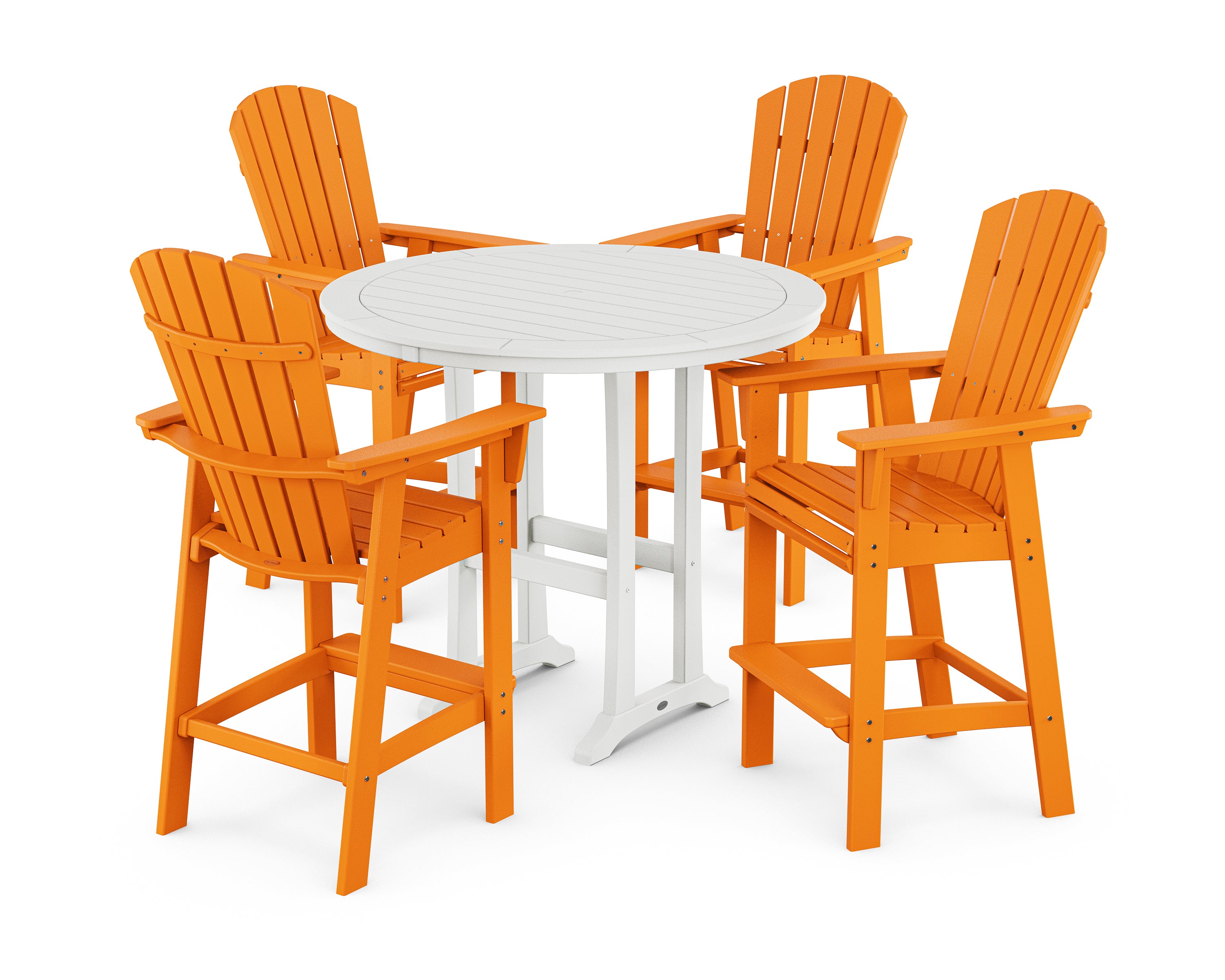 POLYWOOD® Nautical Curveback Adirondack 5-Piece Round Trestle Bar Set in Tangerine / White