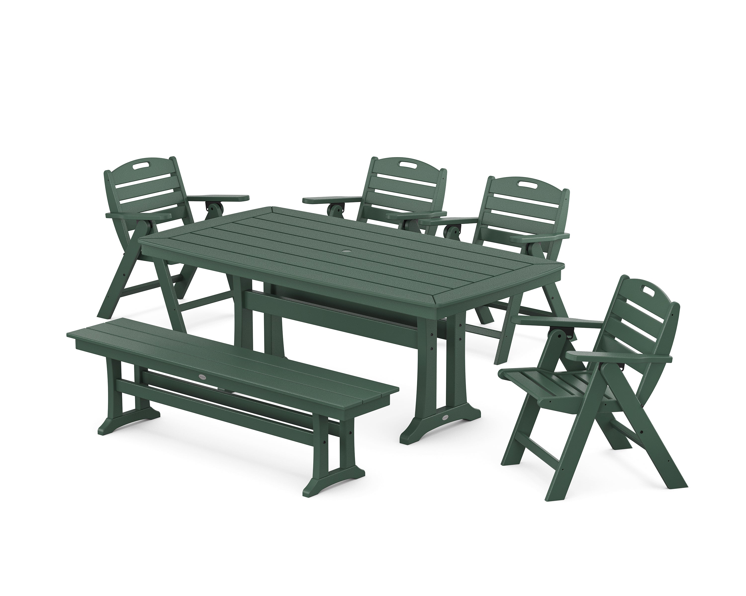 POLYWOOD Nautical Lowback 6-Piece Dining Set with Trestle Legs and Bench in Green