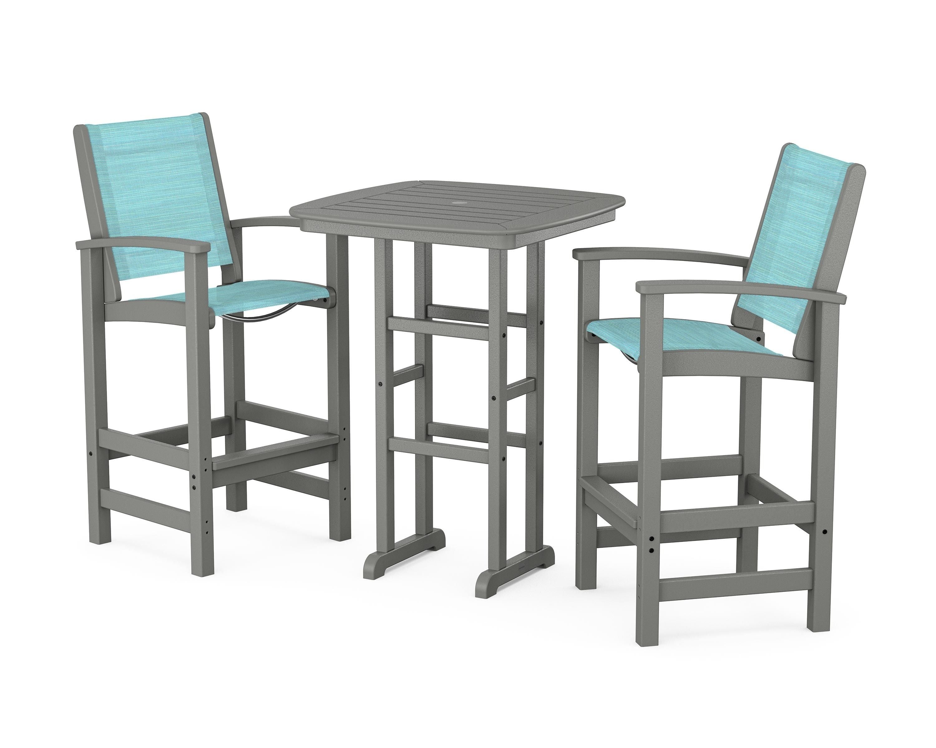 POLYWOOD Coastal 3-Piece Bar Set in Slate Grey / Dupioni Aquamarine Sling
