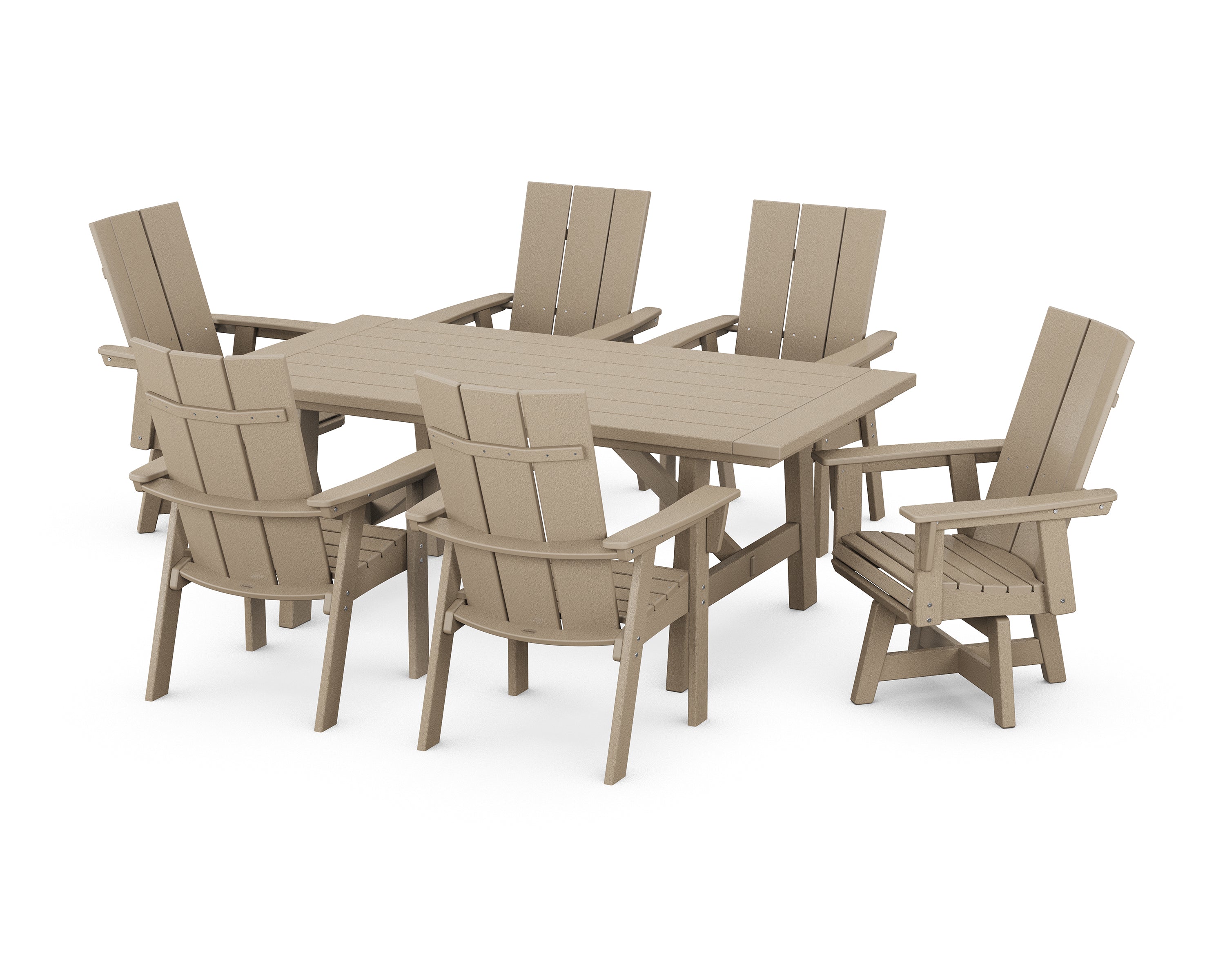 POLYWOOD® Modern Curveback Adirondack 7-Piece Rustic Farmhouse Swivel Dining Set in Vintage Sahara