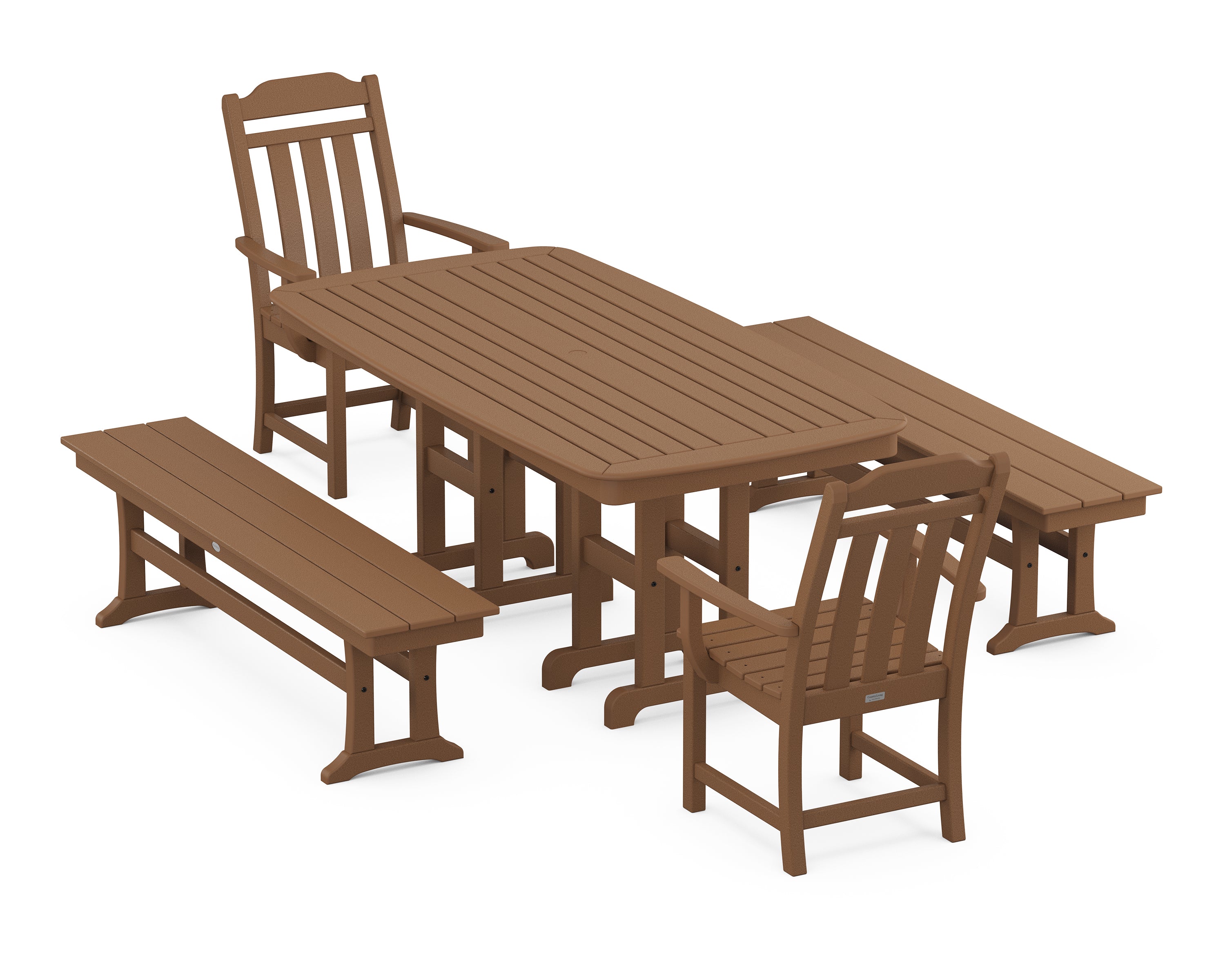 Polywood Country Living 5-Piece Dining Set with Benches in Teak