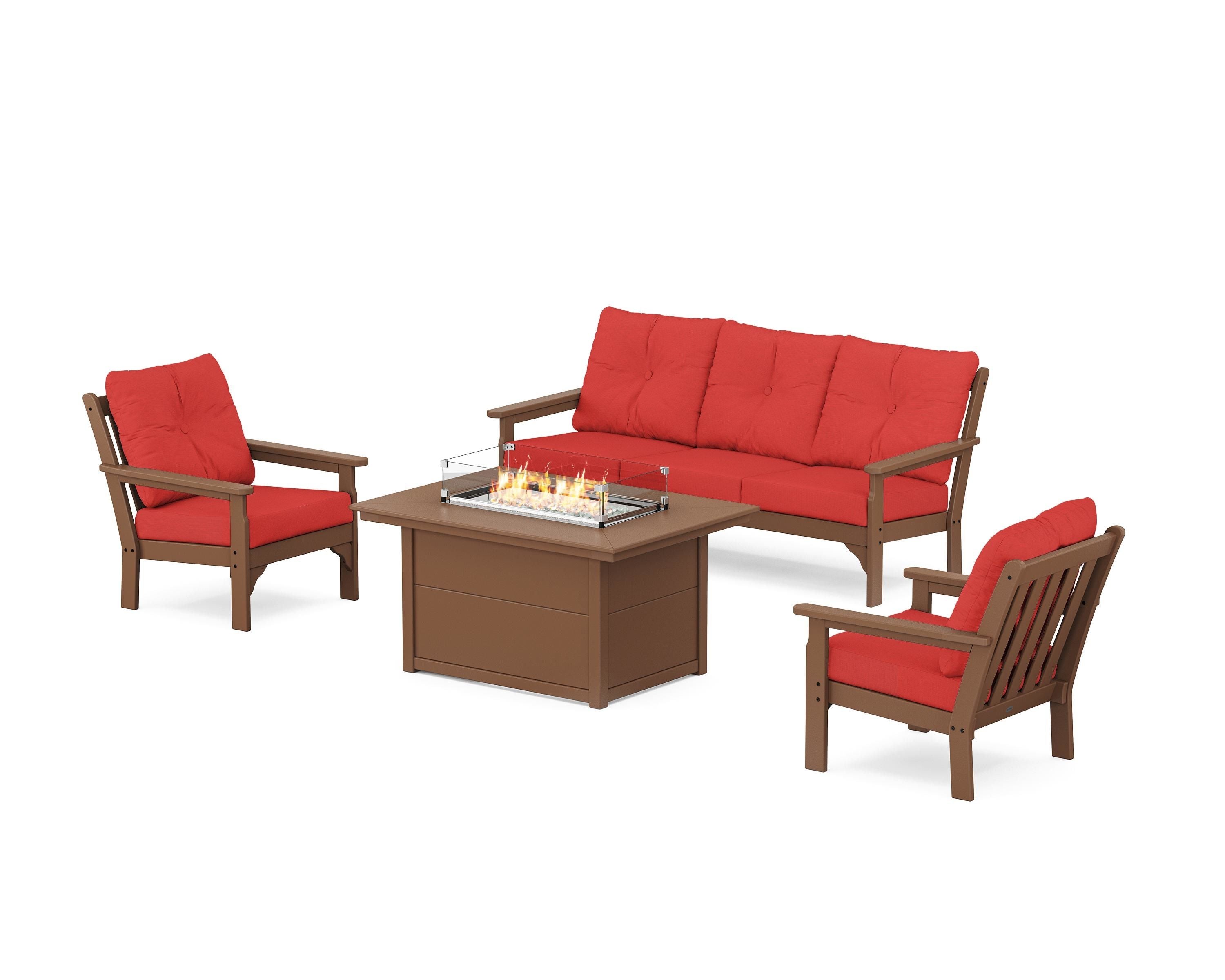 POLYWOOD Vineyard Deep Seating Fire Pit Table Set in Teak / Crimson Linen