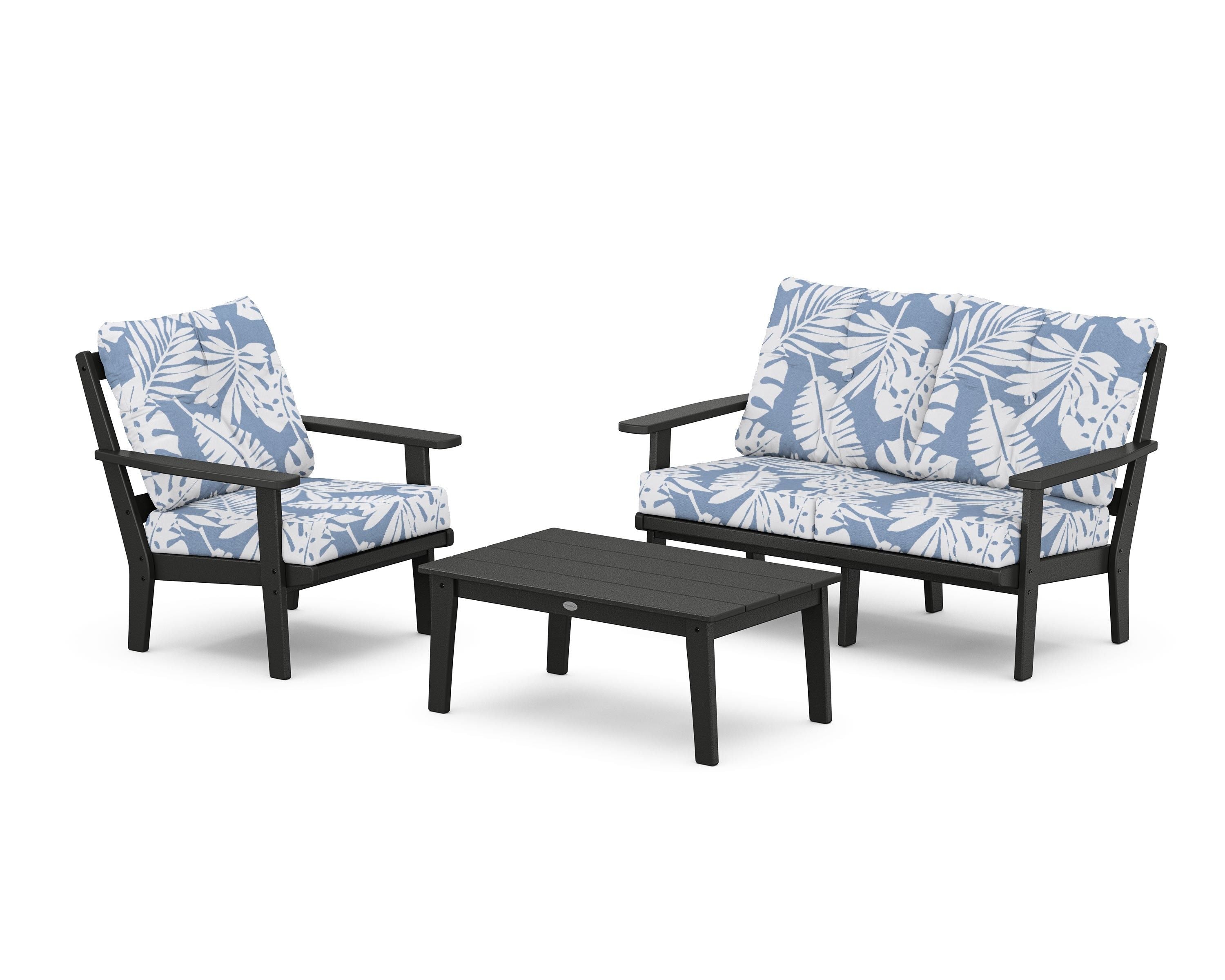 POLYWOOD Oxford 3-Piece Deep Seating Set with Loveseat in Black / Leaf Sky Blue
