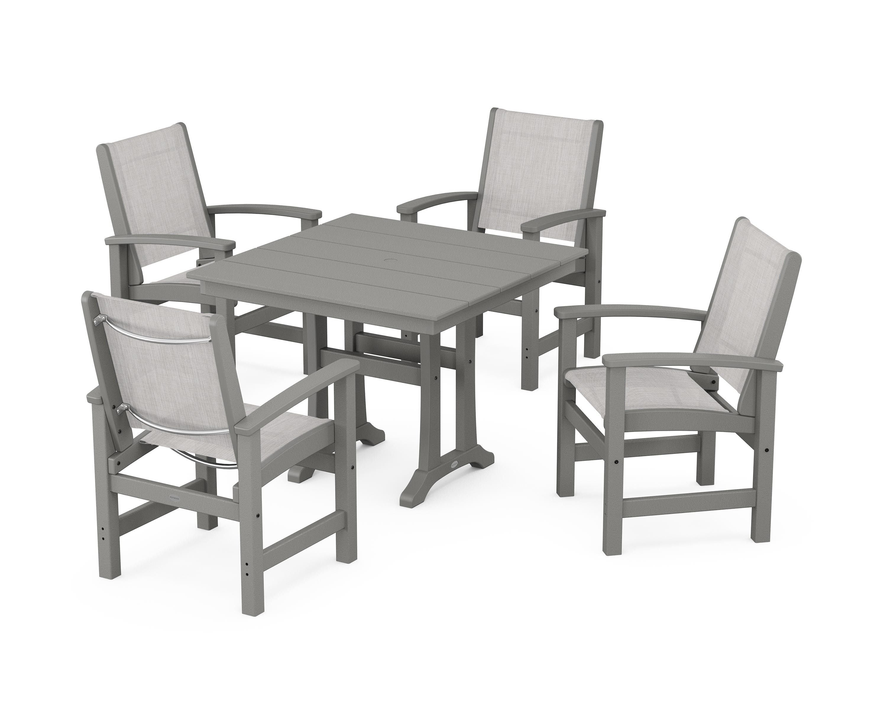 POLYWOOD Coastal 5-Piece Farmhouse Dining Set With Trestle Legs in Slate Grey / Parchment Sling