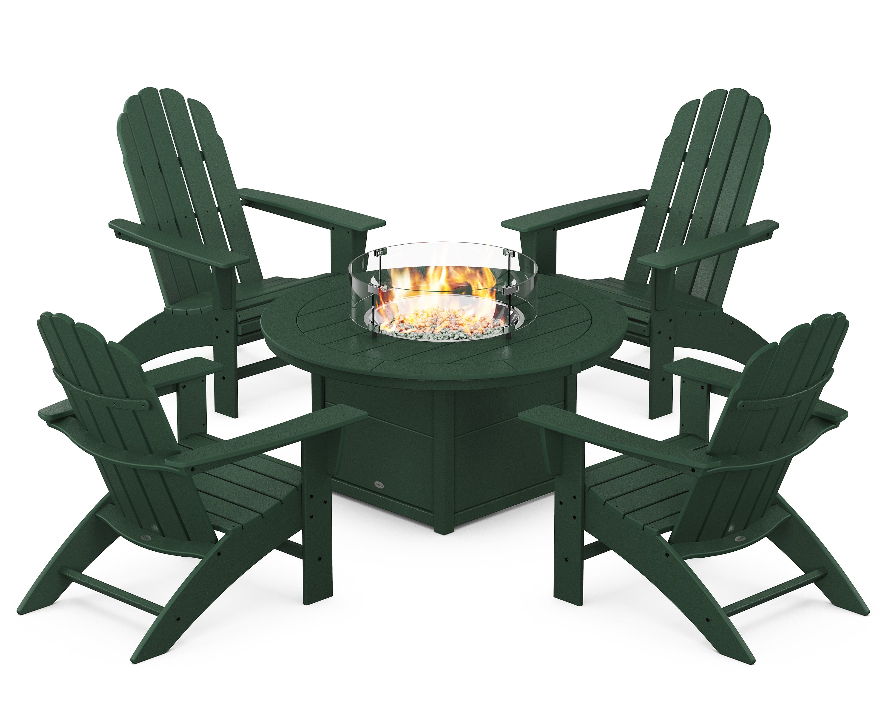 POLYWOOD® Vineyard Curveback Adirondack 5-Piece Conversation Set with Fire Pit Table in Green