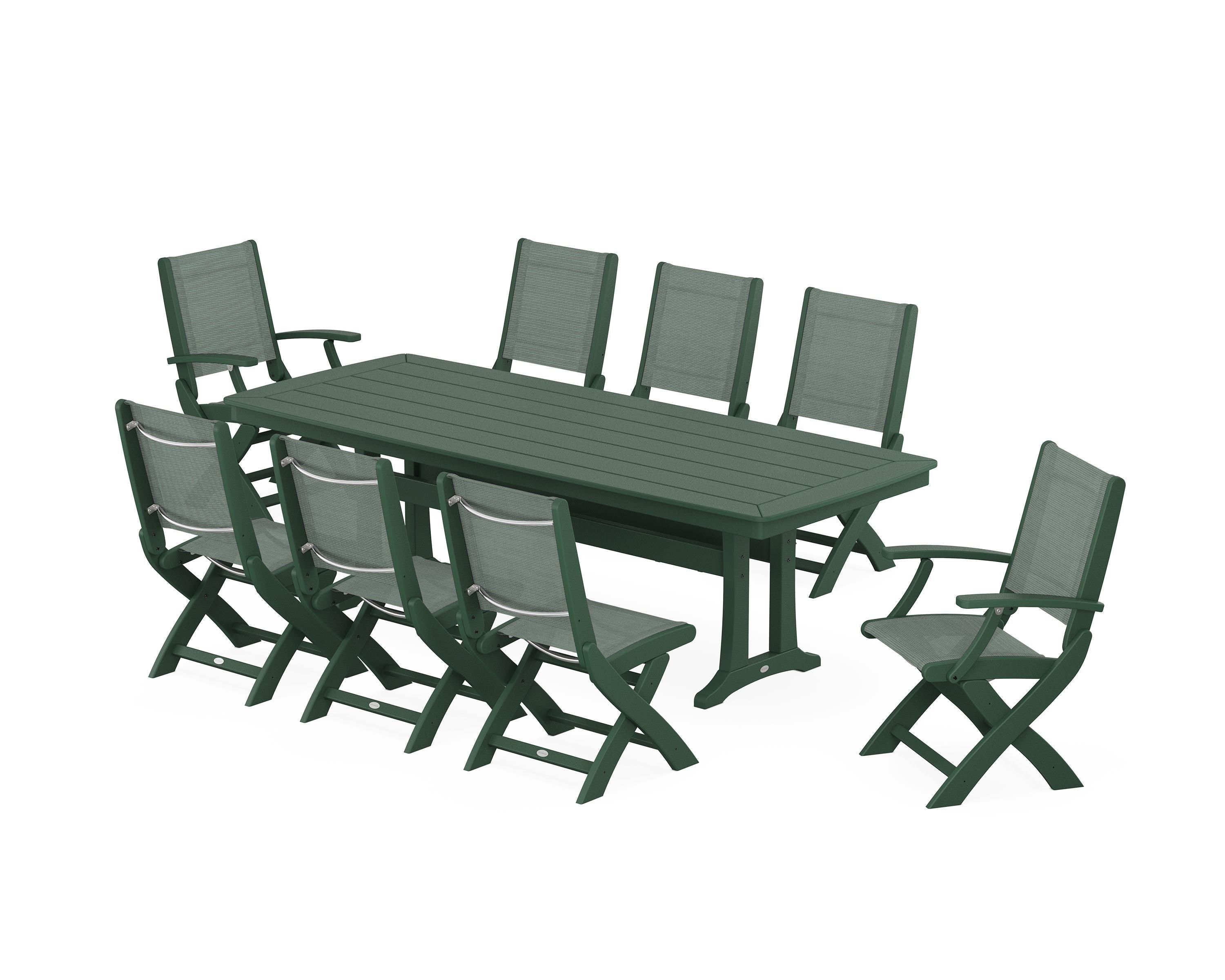 POLYWOOD Coastal Folding 9-Piece Dining Set with Trestle Legs in Green / Dupioni Sea Mist Sling