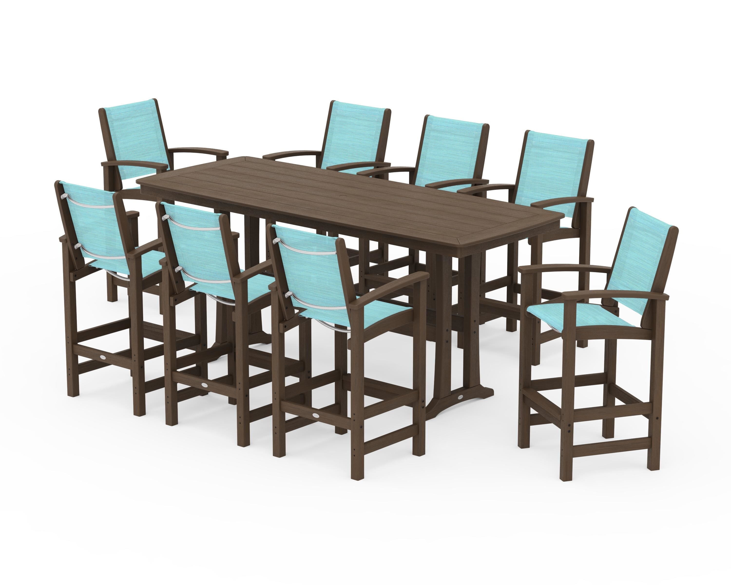 POLYWOOD Coastal 9-Piece Bar Set with Trestle Legs in Kona / Dupioni Aquamarine Sling