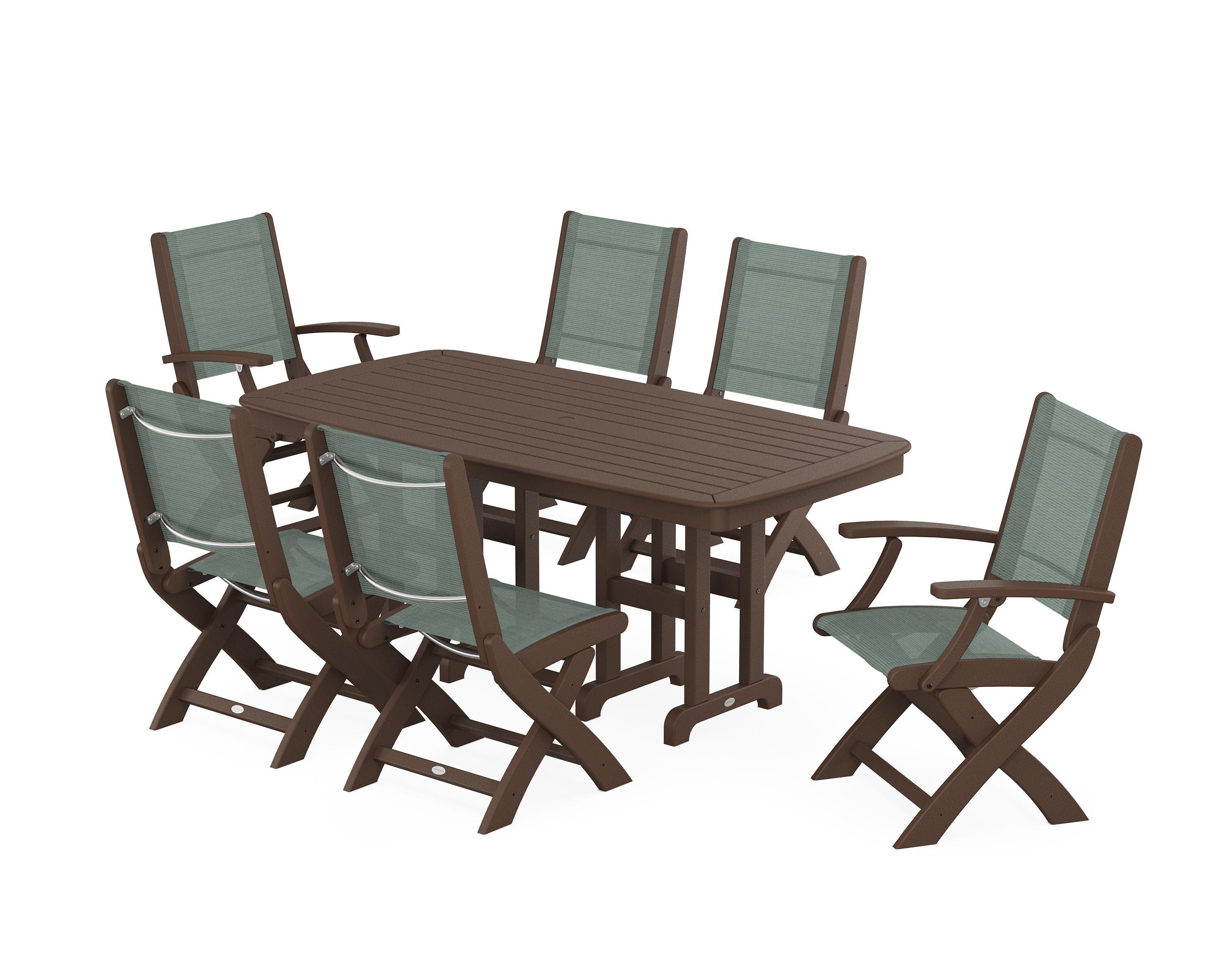 POLYWOOD Coastal Folding Chair 7-Piece Dining Set in Mahogany / Dupioni Sea Mist Sling