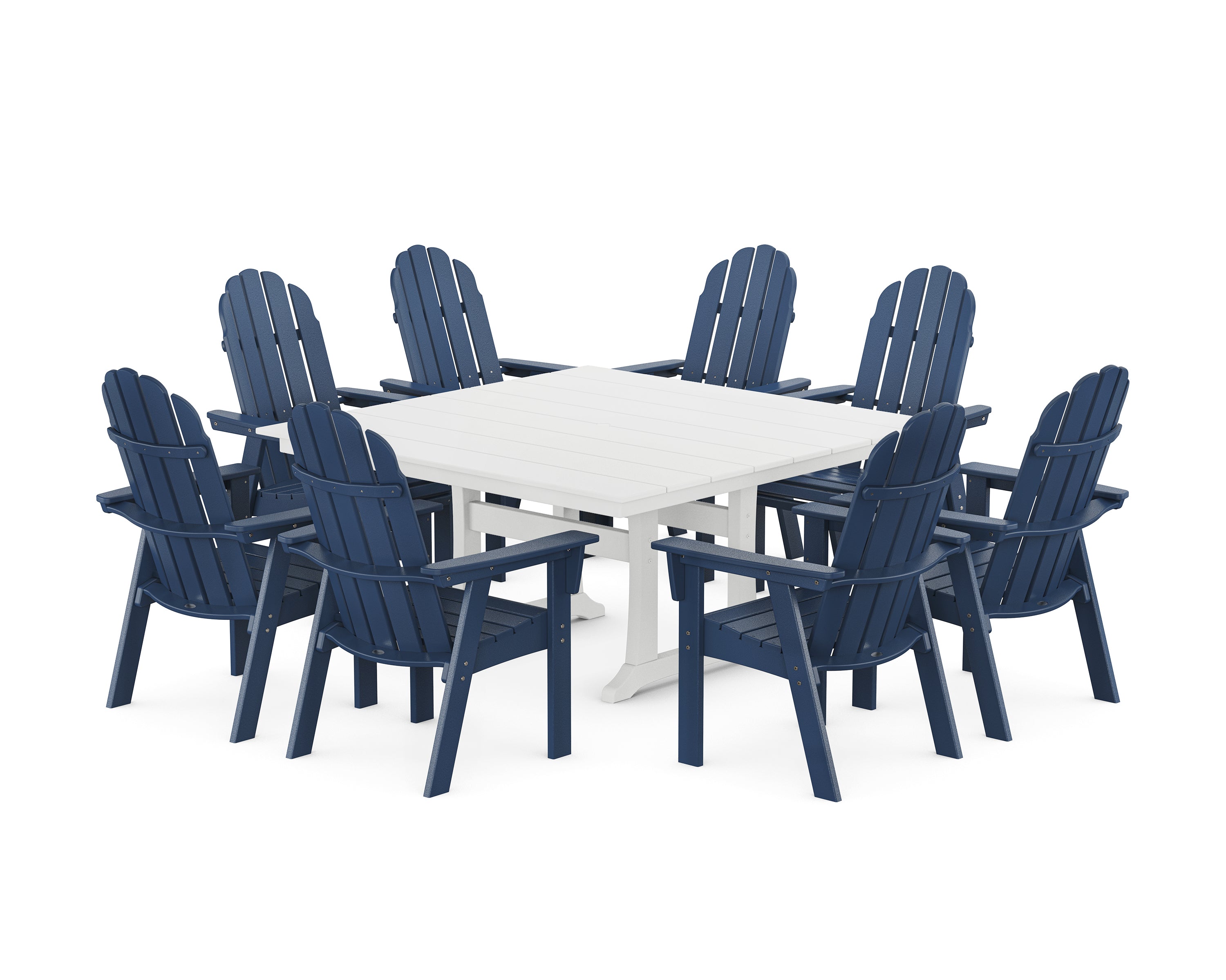 POLYWOOD Vineyard Curveback Adirondack 9-Piece Square Farmhouse Dining Set with Trestle Legs in Navy / White
