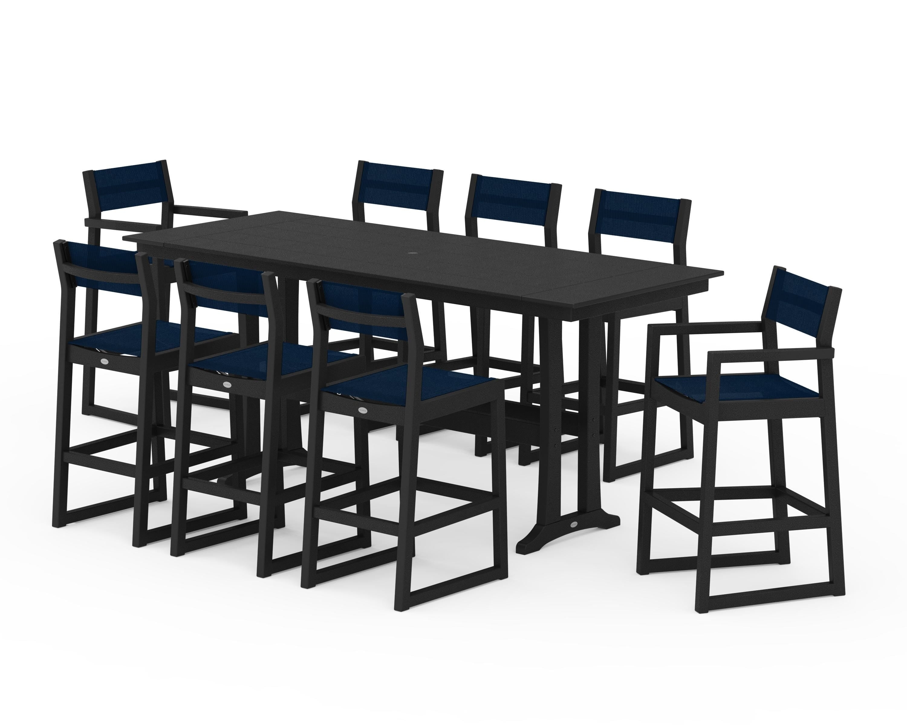 POLYWOOD EDGE Sling 9-Piece Farmhouse Bar Set with Trestle Legs in Black / Navy Blue Sling