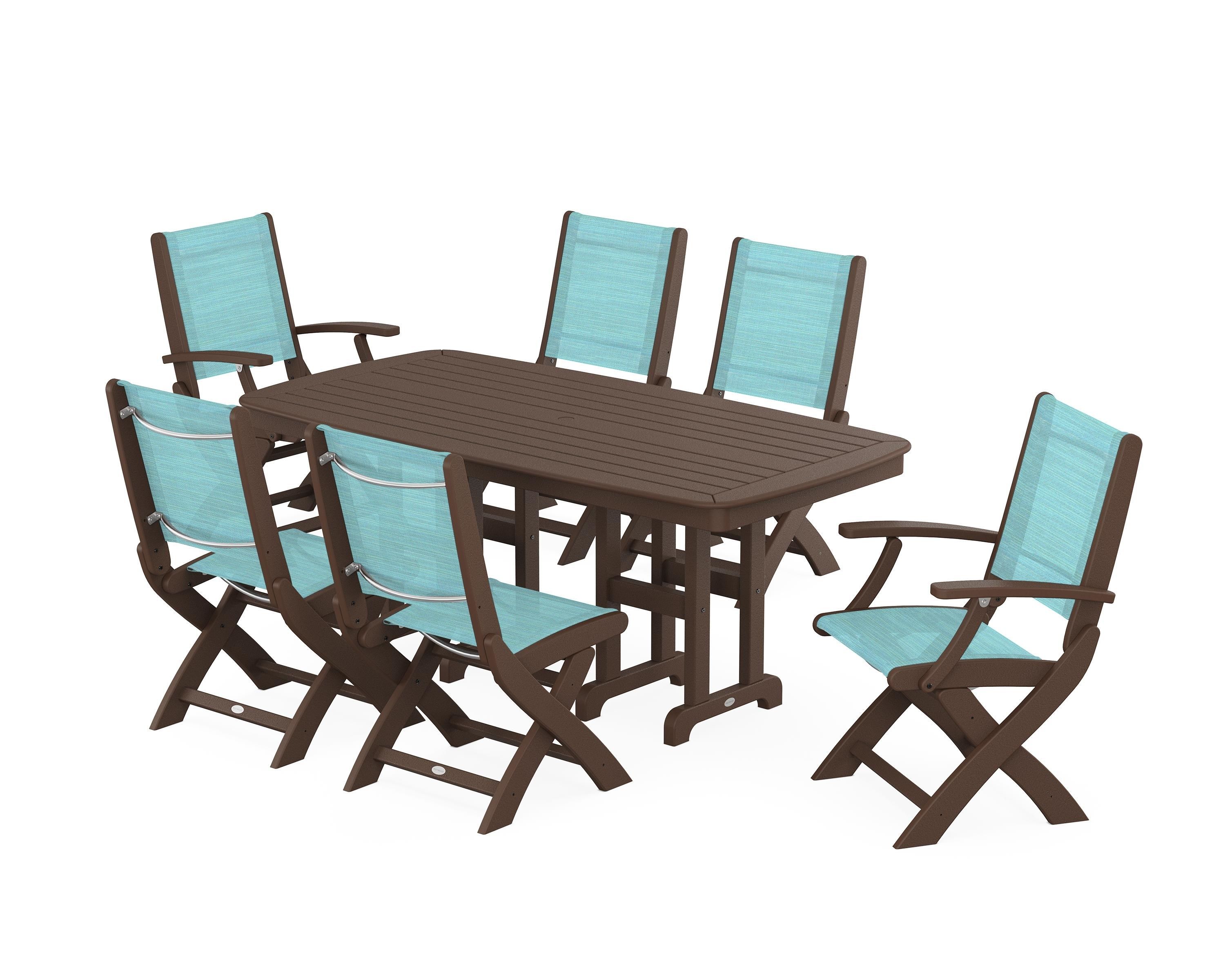 POLYWOOD Coastal Folding Chair 7-Piece Dining Set in Mahogany / Dupioni Aquamarine Sling